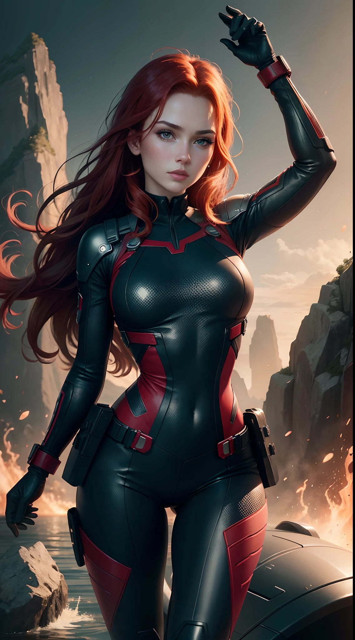 1girl, Full body, Natasha Romanoff style of the Black Widow (from marvel universe)costume, medium breasts, on an alien planet ride a vehicle, bright lighting, contrasting lighting, water, three moons in the sky, sunny day, full body, super quality for competition, (perfect body: 1.1), (masterpiece, best quality, detailed skin texture, detailed cloth texture, beautiful detailed face, intricate details, ultra detailed),  short wavy red hair, whole body, random pose, beautiful pose, (Best quality, A high resolution, Photorealistic, primitive, 8K,Masterpiece, ),Best quality, Masterpiec8K.hdr. High ribs:1.2, filmgrain, Blur bokeh:1.2, Lens flare, (vivd colour:1.2), (Delicate), (extremely detailed CG 8k wallpaper),