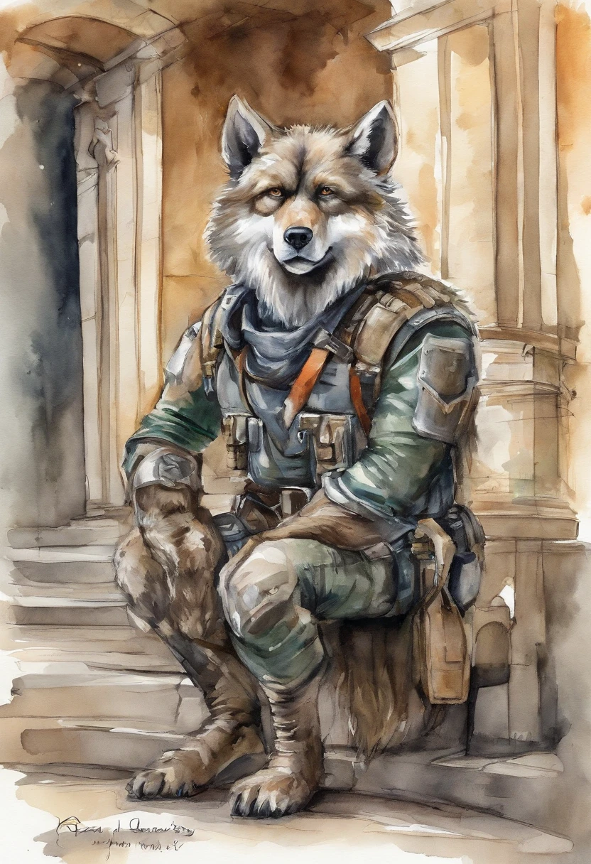 A closeup of a cartoon character sitting on a ledge, bom menino gigante mecha wolf hound, furafinidade peluda, Anime peludo, resting after a hard mission, Raposa McCloud, Jetstream Sam de Metal Gear, sfw version, Wolf O'Donnell, cara de armas pesadas, Furry arte POV, Lobo Peludo, lobisomem musculoso, (SFW) Seguro para o trabalho