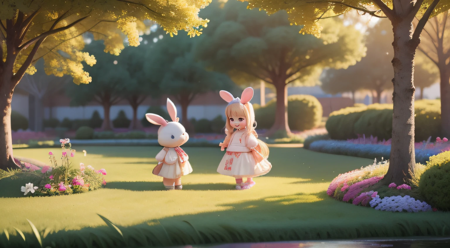 (best quality,4k,8k,highres,masterpiece:1.2),ultra-detailed,(realistic,photorealistic,photo-realistic:1.37), a 3-year-old Chinese girl and one little rabbit (standing) together under a big tree which is in the middle of the big garden,the girl with smiling face, double ponytails, the garden full of colorful flowers and grass,sunlight, soft shadows, realistic rendering,, lively atmosphere, 中景 the scene is