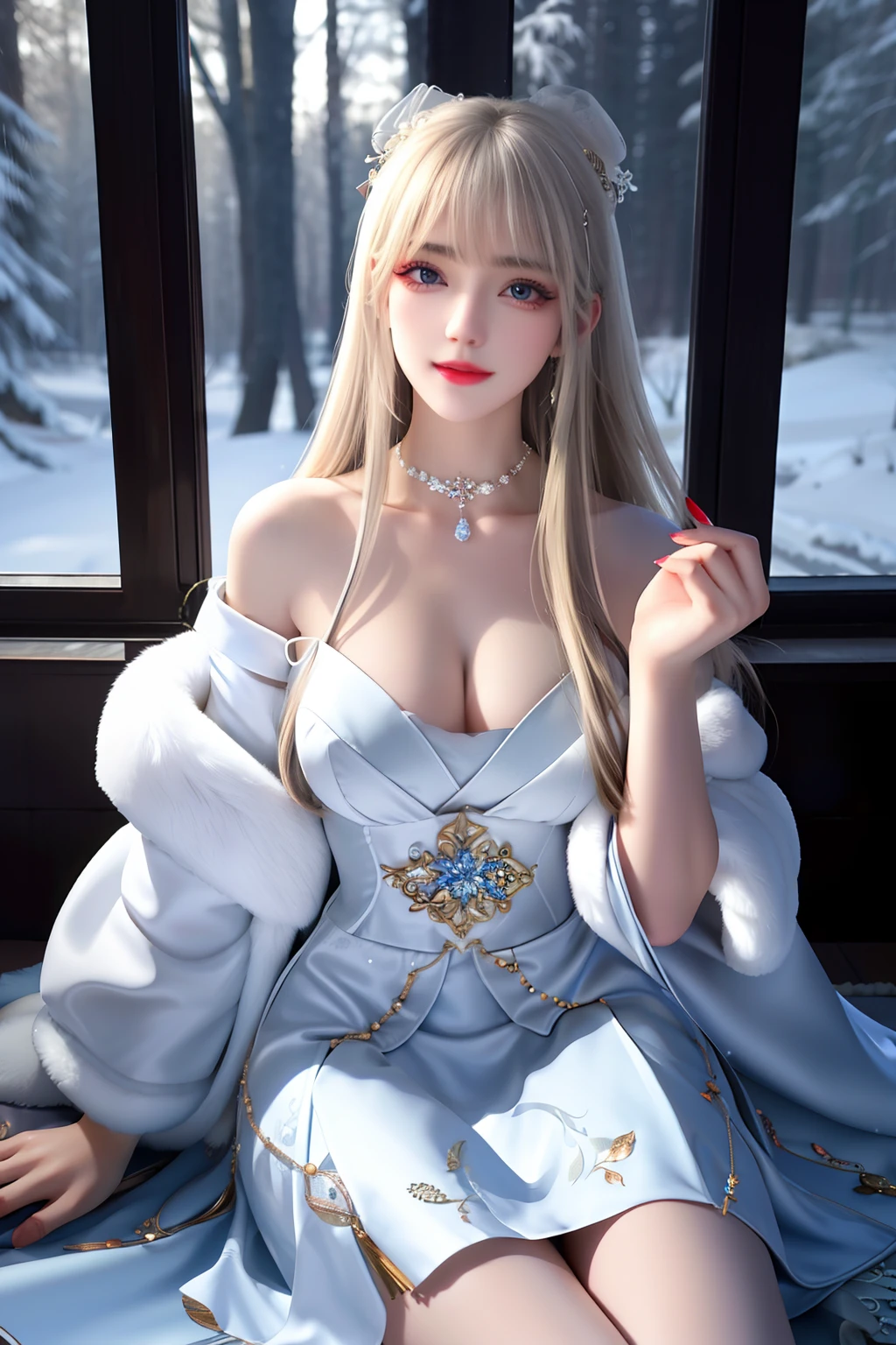 best qualityer，8K， tmasterpiece， A high resolution， 1girll， Clear silk porcelain dress， Fur coat， hair adornments，Delicate face shape，Perfect face shape， ssmile， Keep one's mouth shut， cparted lips，Large breasts，Shoulder， shift dresses， hair adornments， choker necklace， jewely， Chinese outfit， long whitr hair， 耳Nipple Ring， Detailed beautiful eyes， detailed eyelashes， beautiful  face，after sexing_Body，Slender and long legs， Tyndall effect，realisticlying， edge lit， twotonelighting，（highdetailskin：1.2）， 8K, Ultra HD， digital SLR camera， gentle illumination， high high quality， Volumetriclighting， Frankness， photore， A high resolution， Bokeh， at a forest， Falling snow， Winters， in the afternoon