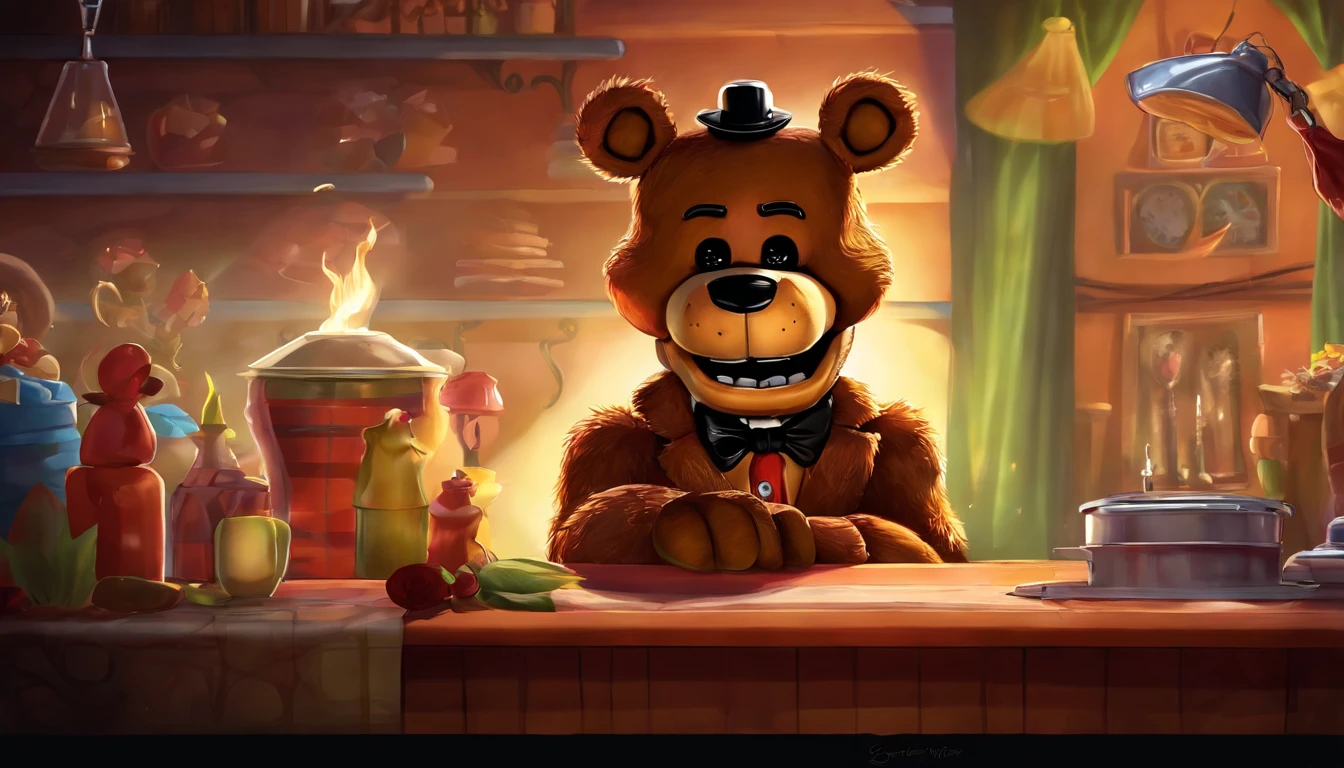 (masterpiece), ((perfect anatomy)), (high Res), (4k) ((fixed hands))), bear, buff, strong, blue eyes, wide shoulders, (robot), (animatronic), happy, ((black hat)), ((((disney artstyle)))), (((solo))), ((cum on face)), ((cum on body)), ((cum on mouth))