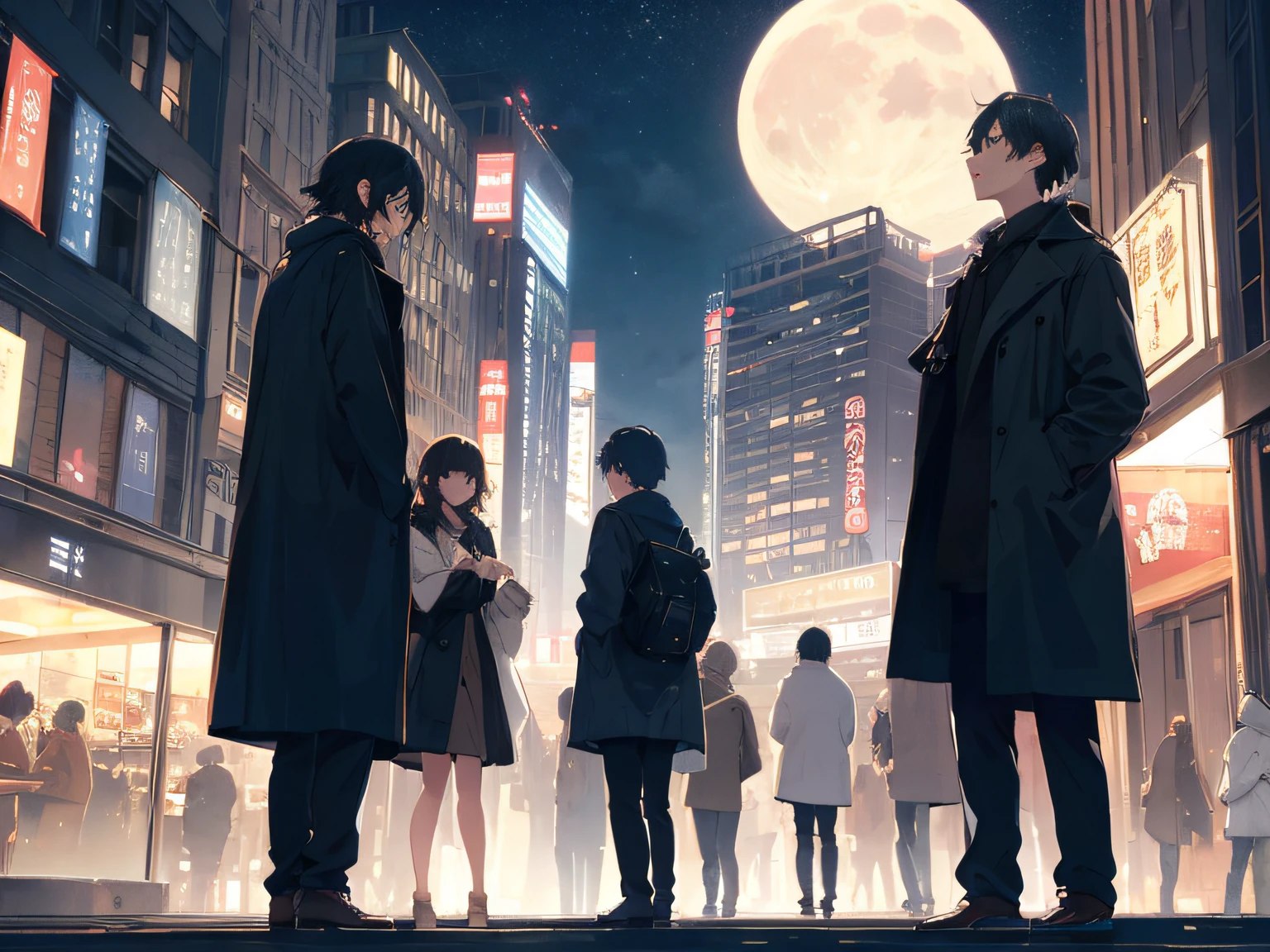 (masterpiece、top-quality、hightquality)、4 men、Adult male、Multiple people、nighttime scene、Man Standing On The Rooftop Of A Building、line up、Look up at people、natta、perpetrator、dynamic ungle、full body Esbian、highrise buildings、Contemporary buildings、animesque、cover page、team、in group photograph、Crescent moon and night sky、name、Four people