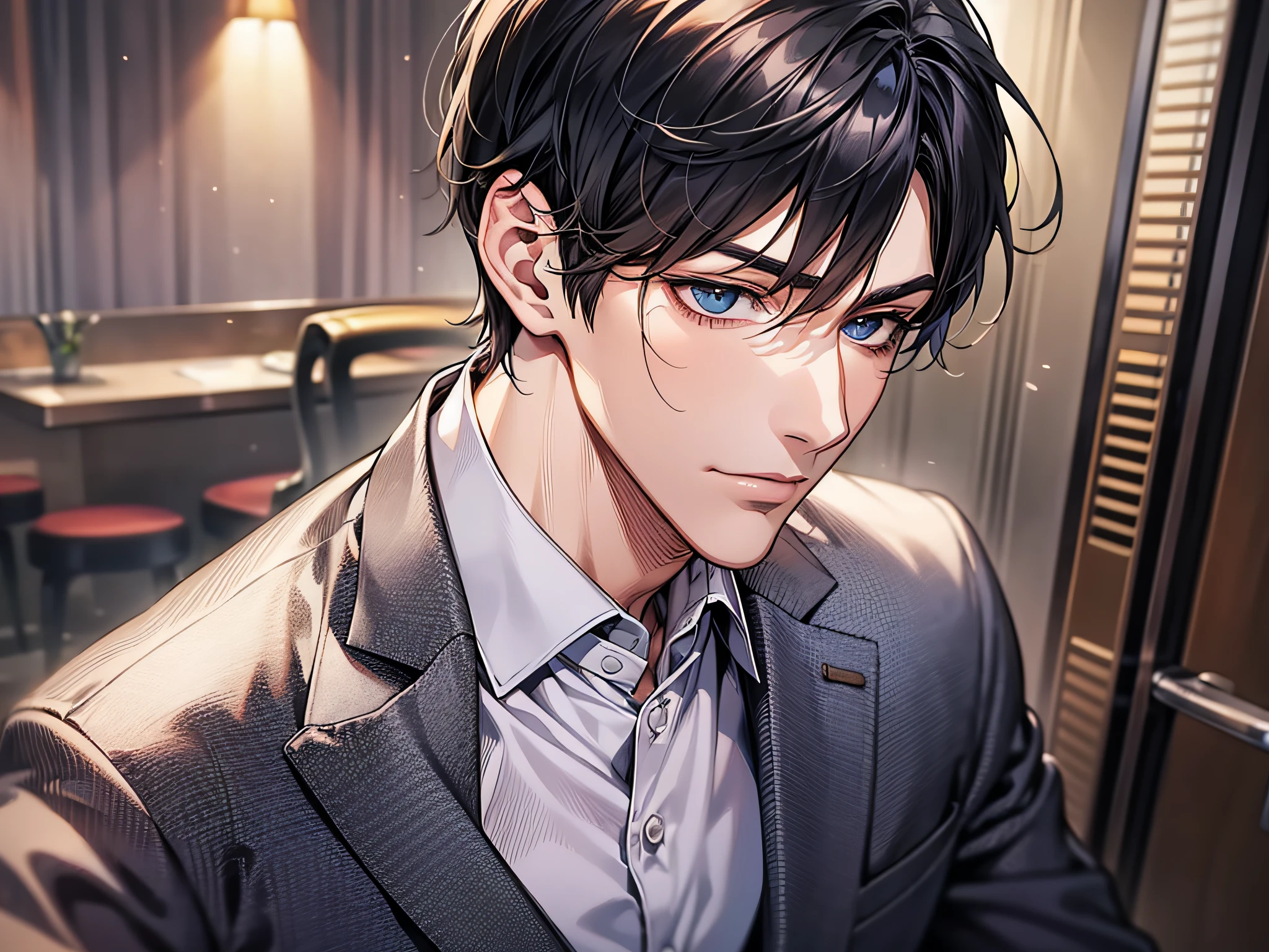 Take off your suit、At the hotel,tmasterpiece，best qualtiy，1 male，AS-Adult，With short black hair，The shirt,Wearing a strict business suit, seminude、anime handsome guy,Wearing a strict business suit, Dark suit, Handsome anime pose in suit and tie, Handsome stunning realistic,