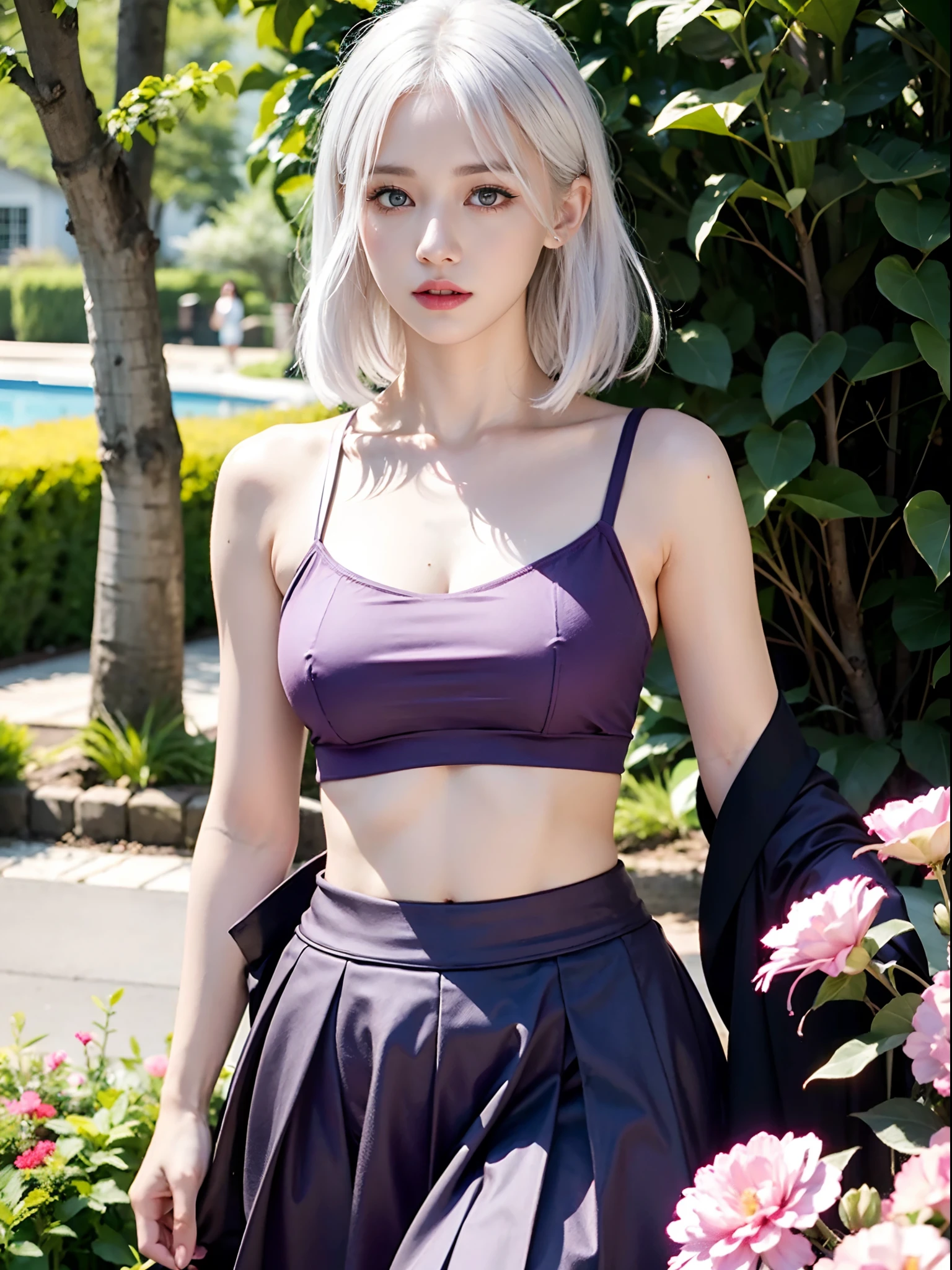 realistic, 1girl, white hair, purple eyes, glowing eyes, crop top, skirt, parted lips, blush, night, flowers, sun, sunlight,