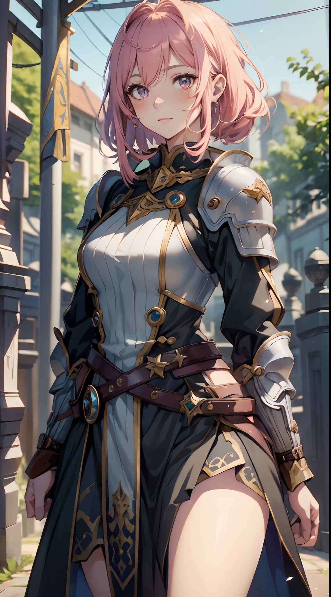 1 girl anime in a dress, pink hair, cushart krenz key art feminine, portrait knights of zodiac girl, standing, extremely detailed eyes and face, Realistic, extremely detailed CG unified 8k wallpaper, Highly detailed, High-definition raw color photos, professional photograpy, Realistic portrait, Cinematic Light, Beautiful detailed, alluring elf princess knight, astri lohne, smile, Full body, High quality, (((Bokeh))), depth of field