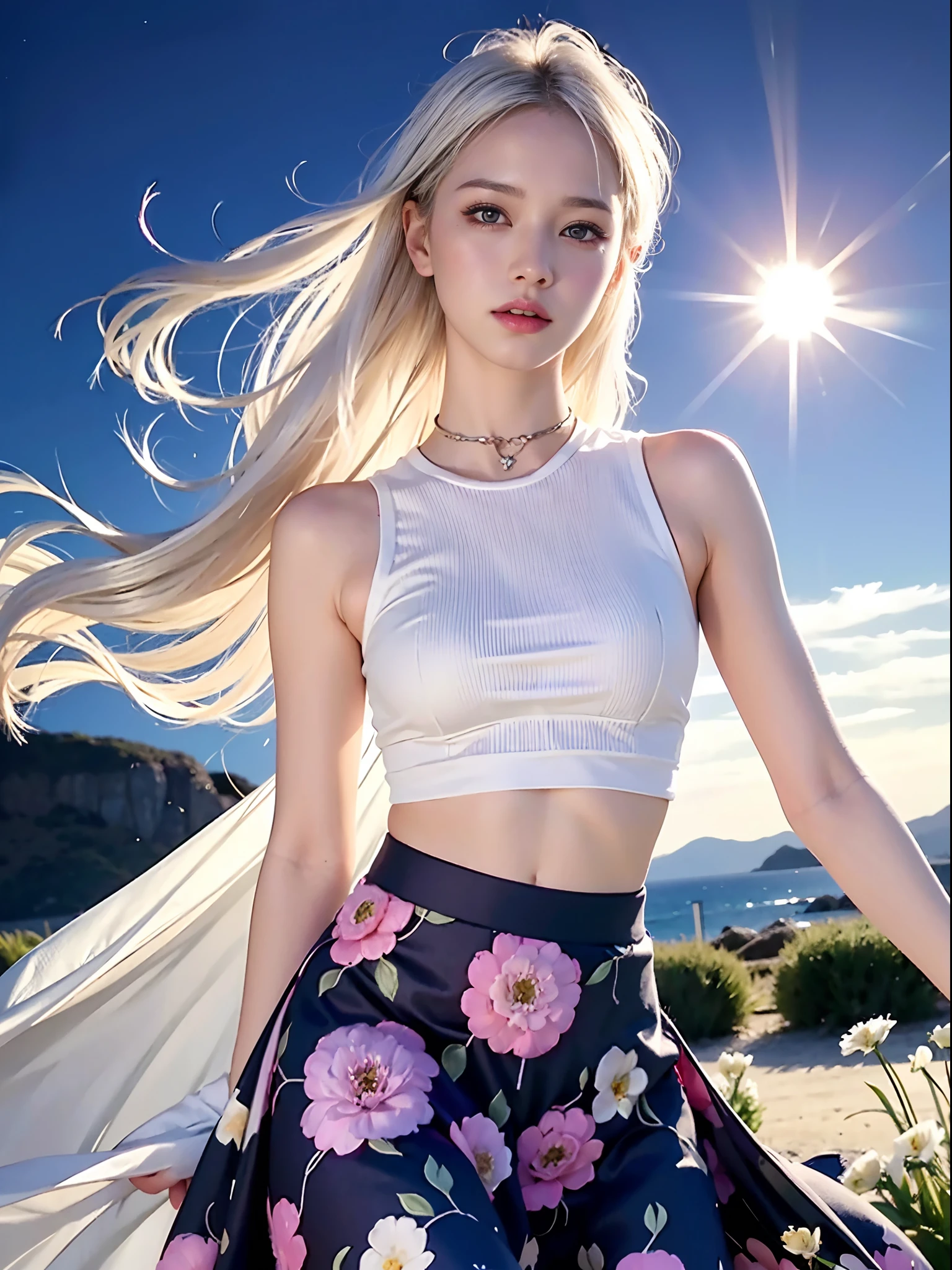 realistic, 1girl, white hair, purple eyes, glowing eyes, crop top, skirt, parted lips, blush, night, flowers, sun, sunlight,
