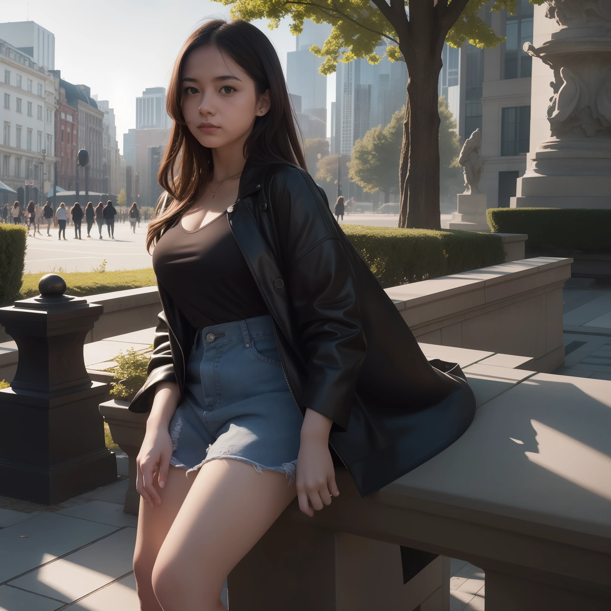 Chiaroscuro, masutepiece, Super Detail, High quality, awardwinning, 8K, (girl), Solo, In a city park, Next to Abstract Sculpture, Natural light