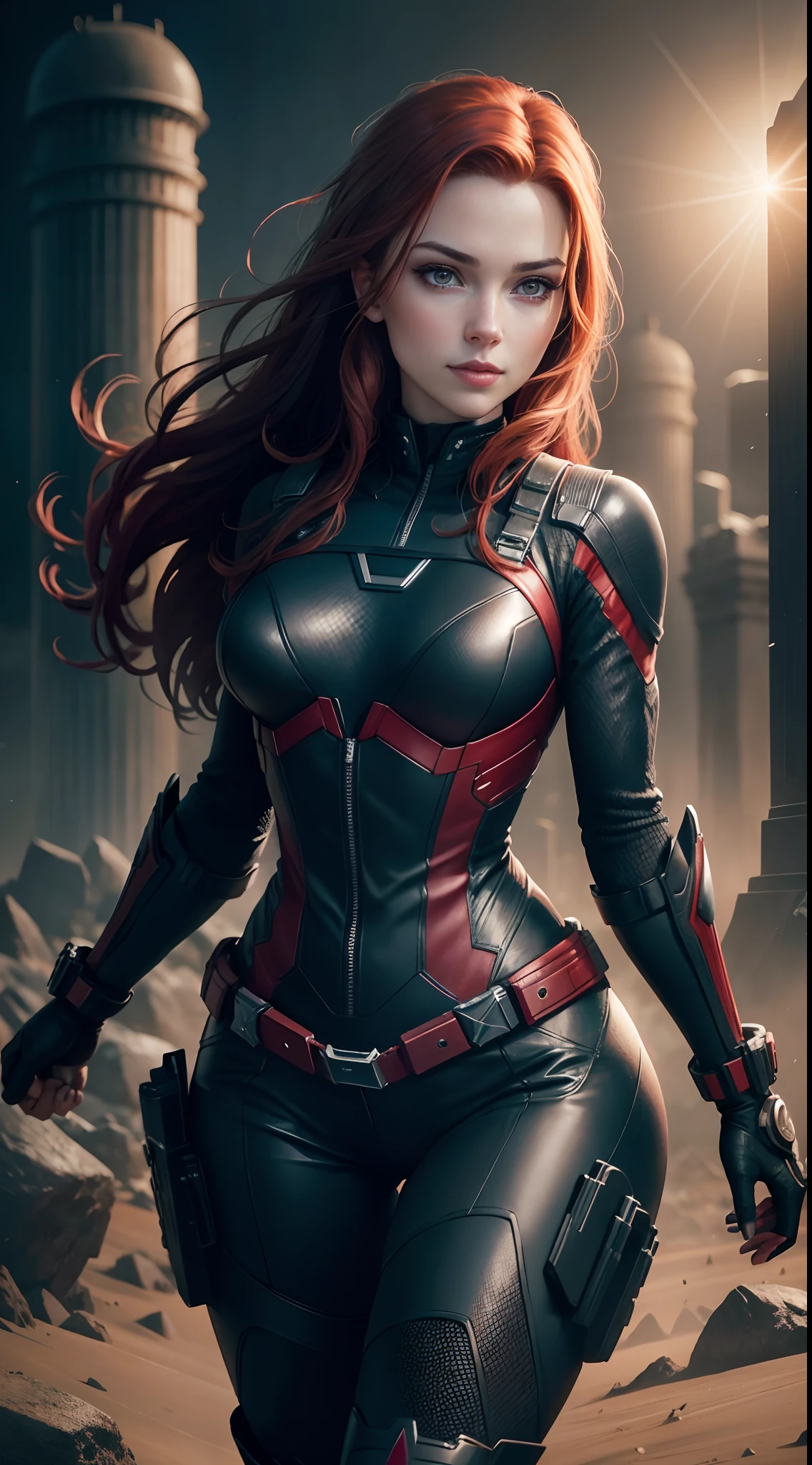 1girl, Full body:1.1, Natasha Romanoff style of the Black Widow (from marvel universe)costume, medium breasts, on an alien planet, (masterpiece, best quality, detailed skin texture, detailed cloth texture, beautiful detailed face, intricate details, ultra detailed),  short wavy red hair, whole body, smile, random pose, ((looking back)), from below, bottom Engles, (Best quality, A high resolution, Photorealistic, primitive, 8K,Masterpiece, ),Best quality, Masterpiec8K.hdr. High ribs:1.2, filmgrain, Blur bokeh:1.2, Lens flare, (vivd colour:1.2), (Delicate),