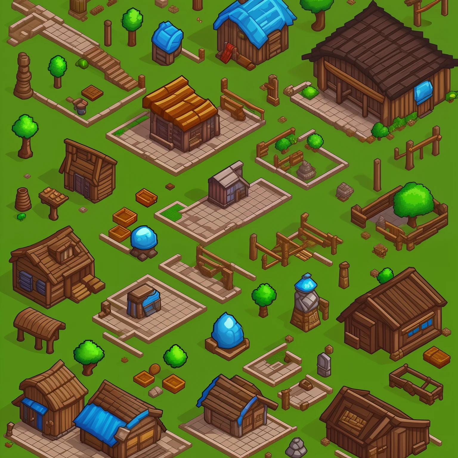 RPG game asset pack, 2D pixel style, trees, buildings, front view
