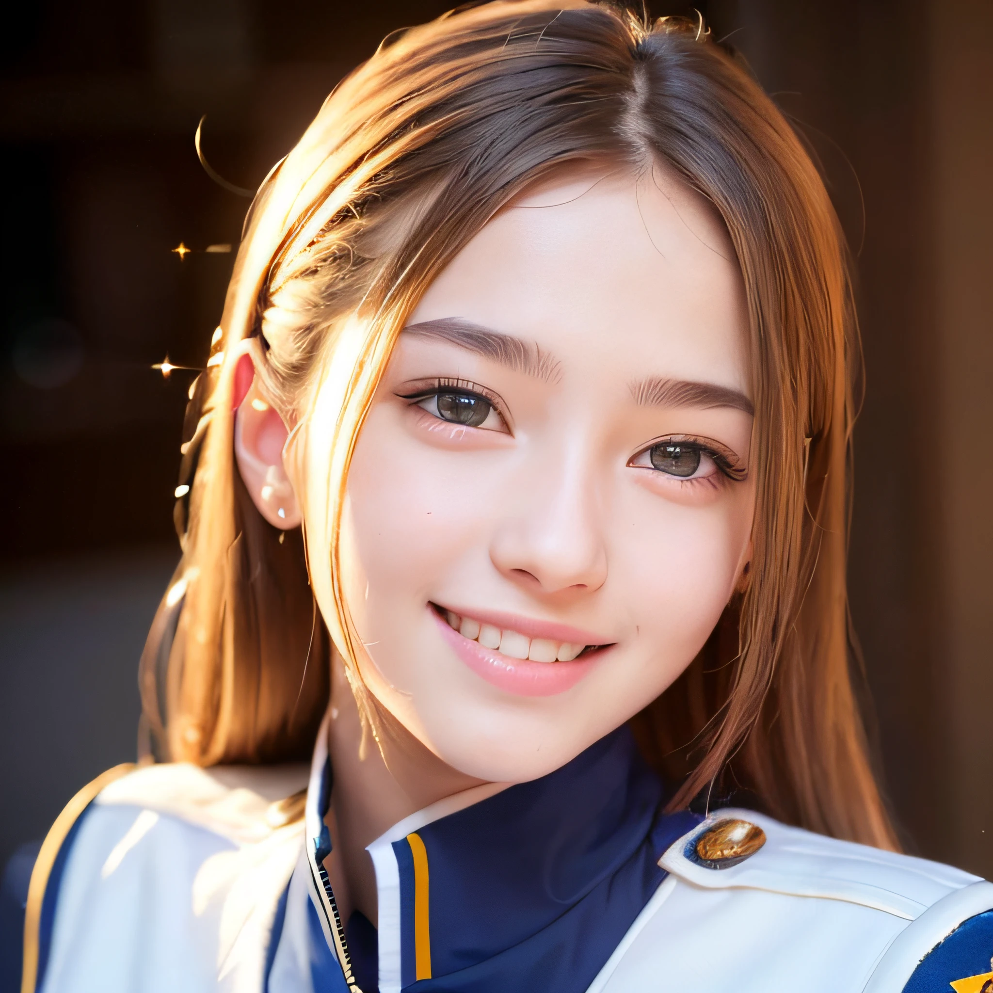 one  cute girl in uniform, (masterpiece, best quality:1.2), ultra high res, (photorealistic:1.4), detailed skin, cinematic lighting, friendly, intelligent, conversation engaging, happy, kind, energetic, cheerful, creative, with sparkling eyes and a contagious smile