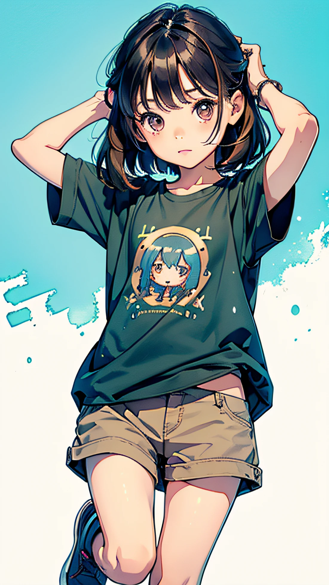 Cute s、5years old、lge, round eyes、long and slender body、Bronze hair、run around、tshirts、shortpants、watercolor paiting
