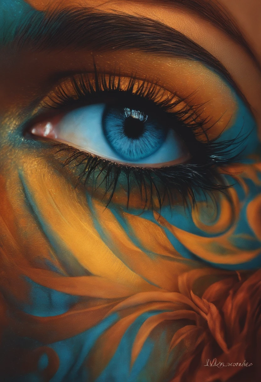 A striking and vibrant abstract portrait of a face, painted with a dazzling array of colors like purple, blue, Orange, and gold. The eye is the focal point, adorned with gold leaf detailing and a blue hue, exuding a mysterious and captivating aura. The bold, expressive brushstrokes create a dynamic and emotive atmosphere, giving the artwork a unique and powerful presence. The thick, textured paint adds depth and dimension, with colors blending and overlapping in a mesmerizing way. This captivating piece combines elements of graffiti, illustration, and painting, resulting in a fashionable and visually stunning masterpiece, with the fusion of styles creating an eye-catching and modern aesthetic., vibrant, illustration, fashion, graffiti, painting