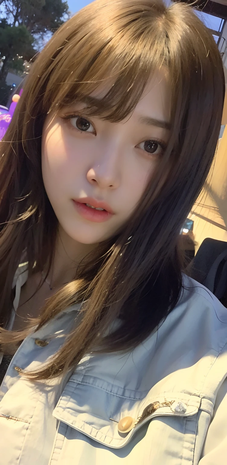 Alafed woman with long hair and denim jacket poses for photo, Korean Girl, taken in the early 2020s, sakimichan, 2２age, 8K selfie photo, 8k 50mm iso 10, pokimane, 1 8 I