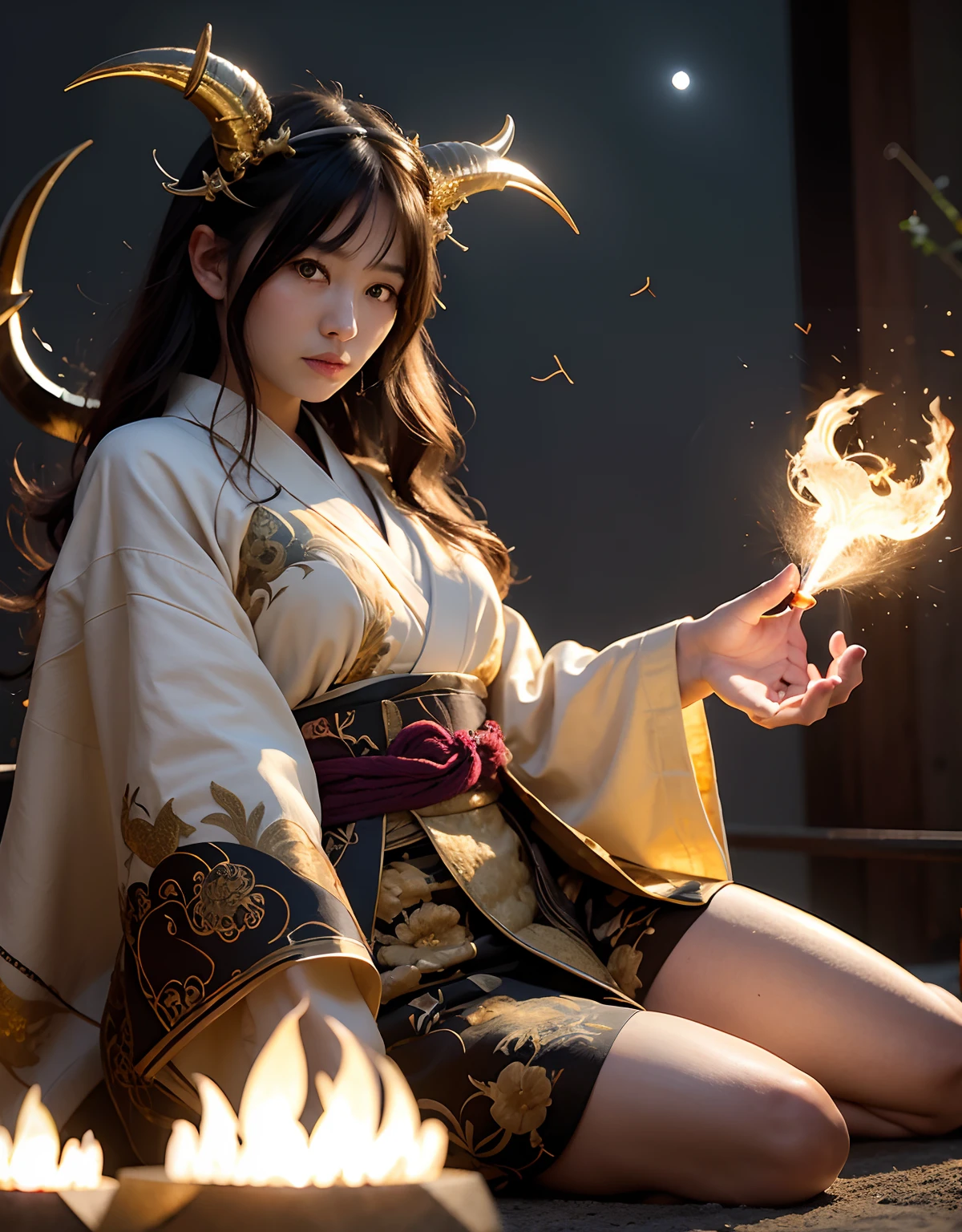 ((World of Darkness)),Professional , masterpiece、top-quality、photos realistic , depth of fields 、Dark Fantasy、(Ultimate Beauty)、(shooting stars:0.9)、(nebulas:1.3)、A dark-haired、(White bikini armor)、(Mystical expression)、(The fox has five tails)((Fight dragons)),(Wear a beautiful kimono),(Wear a beautiful kimono with colorful floral patterns)、Jewel Gold Weapon、Particles of light),(Has a devil's mask)、Gorgeous gold weapons ,(( Gorgeous Dragon Sword)) , (Fox Mask),,(maikurobikini) 、((Black Haired Beautiful Girl))、(Castle background)、(demonic wings)、((Gangle's forest background))、Beautiful Caucasian beauty、1a person、dynamic ungle,(((Two devil's horns on the head)))、Smaller head、Idle Smile、Thin and beautiful female hands、Mystical expression、Light Effects、intense fighting、Wind-effect、magic circles、With the legendary magic wand、Dragon's tail、