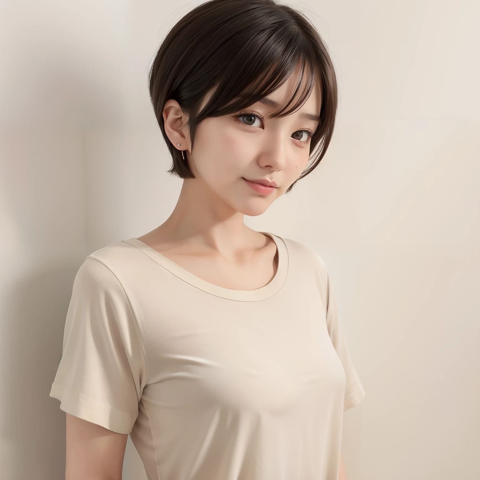 hightquality、8K、masuter piece:1.3))、1人の女性、25years old、A slender、T-shirt Beautiful Girl:1.3、(hairstyle on:Beige、Very Shorthair、、small tits )、Plain clothes T-shirt:1.2、White wall background、hyperdetailed face、A detailed eye、Double eyelids、Cute smile、Hair Model Styles、Oblique face、Very short hairstyles、Shorthair、Mashed Hair、fluffy hair、japanes、Like a real photo、Large piercings、White T-shirt Clothes、Bust-up angle of view、Oblique profile、Stronger gaps in the hair、1 female、Clear skin