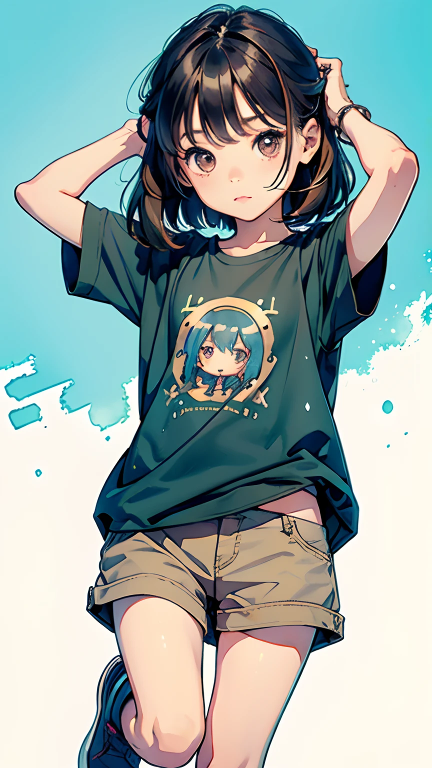 Cute s、5years old、lge, round eyes、long and slender body、Bronze hair、run around、tshirts、shortpants、watercolor paiting