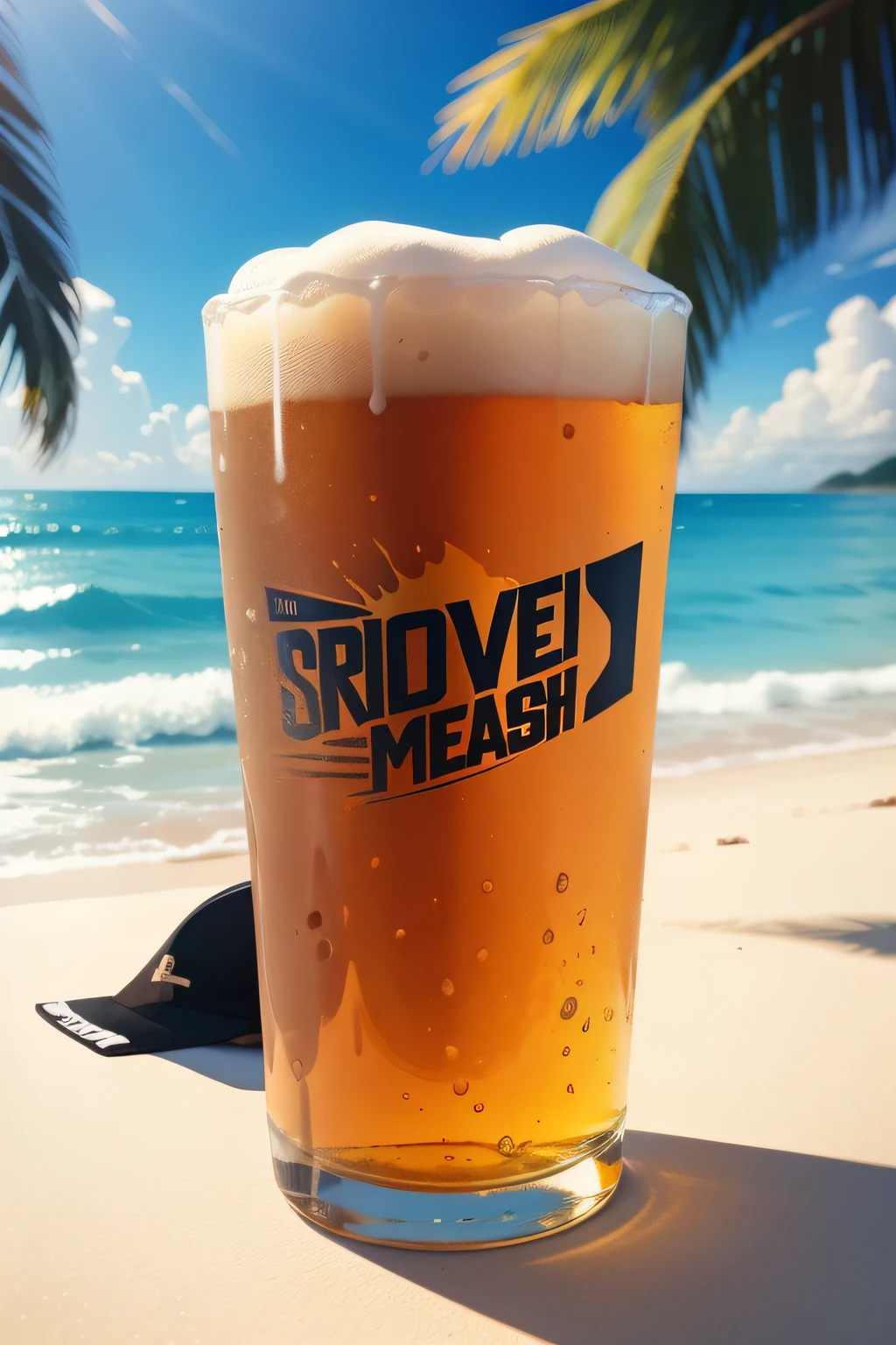 very details Beer glass ,lost in beach background, Tshirt design, streetwear design, pro vector, full design, 6 colors only, solid colors, no shadows, full design, warm colors, sticker, bright colors