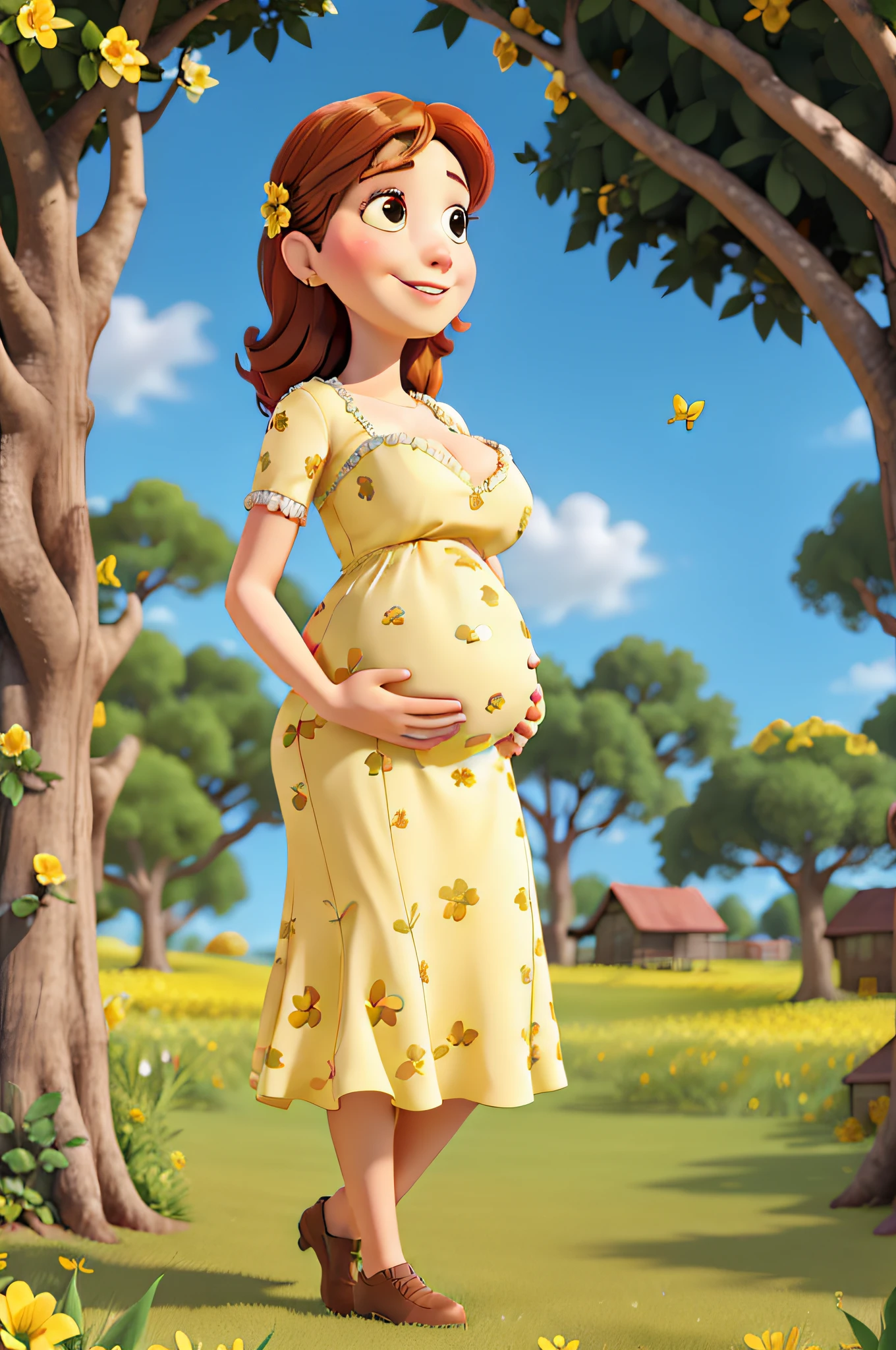 Watercolor style illustration of a smiling pregnant woman, usando um vestido rosa, em um jardim encantador repleto de lindas flores cor-de-rosa. The scene is bathed in a soft and delicate light, increasing the feeling of fullness and happiness. Woman lovingly puts her hand on her belly, while the surrounding landscape features a harmonious combination of pink colors and natural elements. The illustration should be of high quality, capturando a beleza da cena com detalhes meticulosos