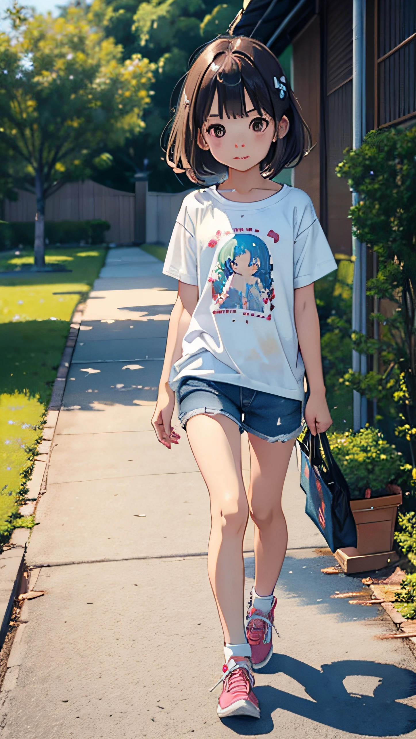 Cute little girl s、5years old、large, round eyes、long and slender body、Bronze hair、run around、tshirts、shortpants、watercolor paiting