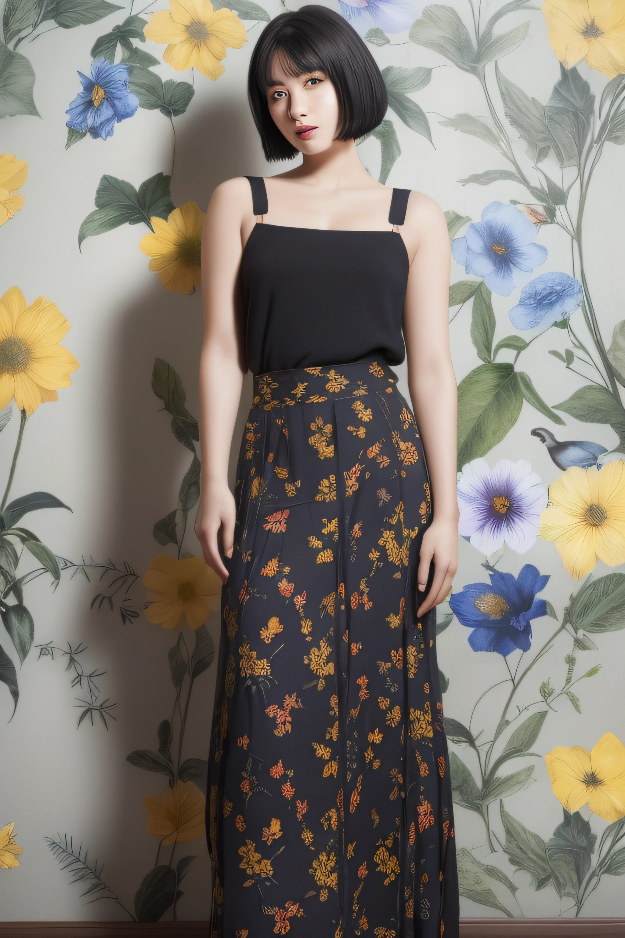 (long skirt:1.2),(blue flowers print:1.2),(yellow flowers print:1.2),(red flowers print:1.3),(birds print:1.2),(leaf print:1.2),1 girl,full body, (short hair:1.1), (realistic:1.7),((best quality)),absurdres,(ultra high res),(photorealistic:1.6),photorealistic,octane render,(hyperrealistic:1.2), (photorealistic face:1.2), (8k), (4k), (Masterpiece),(realistic skin texture), (illustration, cinematic lighting,wallpaper),( beautiful eyes:1.2),((((perfect face)))),(cute),(standing),(black hair),(short hair),black eyes,red lips, (outdoors),