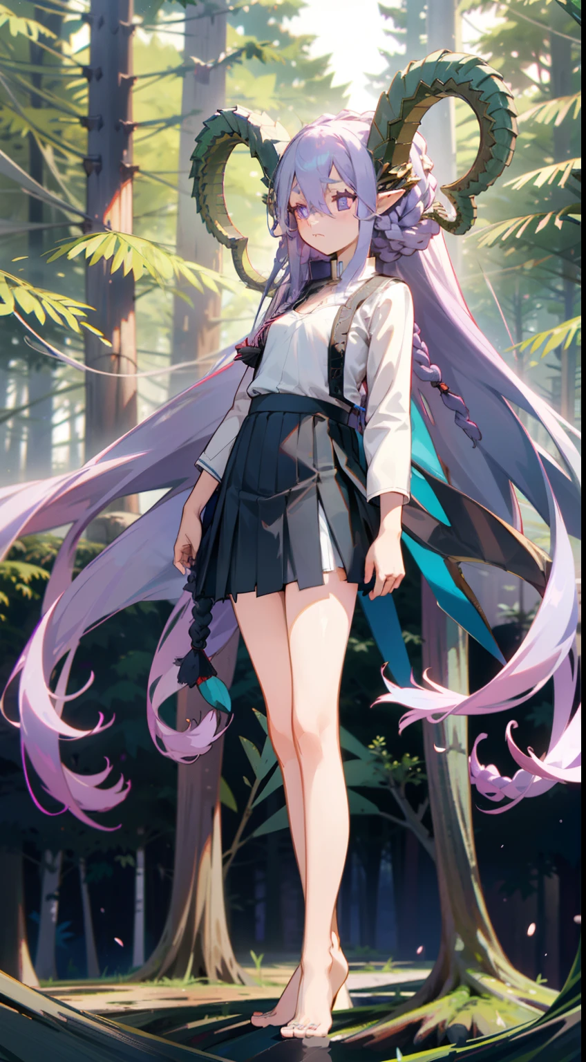 1girl,20s,solo,sad face,white school shirt,black scholl skirt,small tits,light purple hair,long hair,braided hair,dragon horns,blue eyes,,elves ears,barefoot,(((standing in front of a forest)))