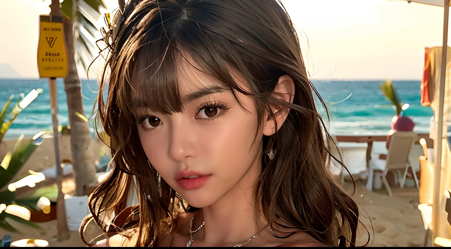 waves, Ibiza Beach, sandy beach background, korean woman, one-piece, very big eyes, Very sexy woman, Light brown long hair, a delicate face, high resolucion, 8K, Extremely detailed, Beautiful detailed eyes, Best Quality, A highly detailed, Detailed face, Solo, 1 Girl, , Very big eyes, large full breasts, seaside