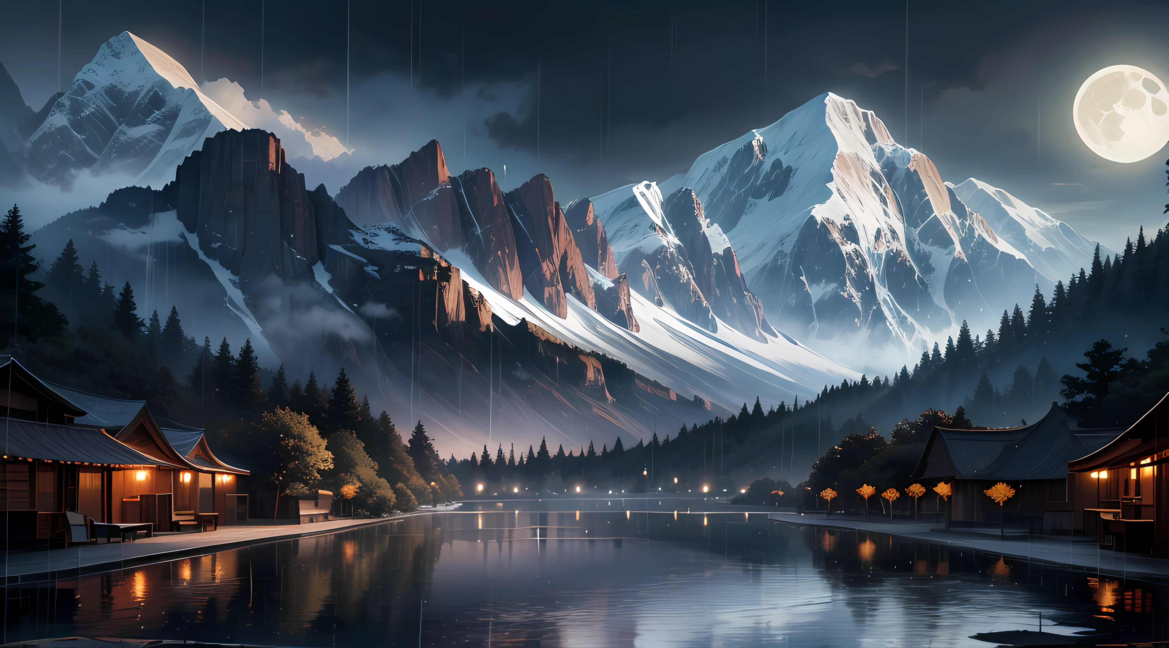 At night, Only moonlight illuminates, Crooked moon, Mountains in the distance, Beautiful big lotus nearby, Big red lotus, Running water next to it, frogs, A summer full of joy, The crooked moon in the sky is mixed with stars, amazing wallpapers, rainy evening, Night in the rain, Beautiful and beautiful, Movie, High detail ((heavy rain))), 8K