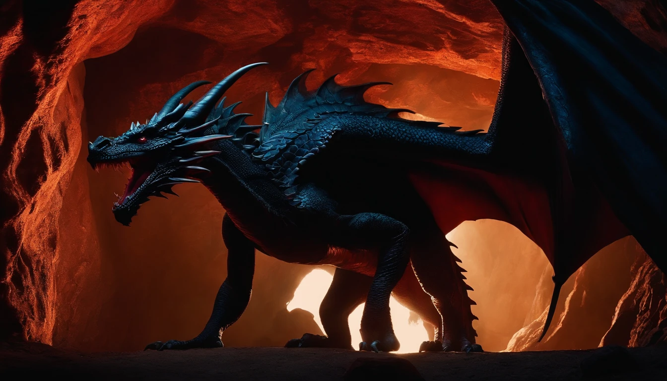 Dragon in cave, vermelho e preto, sombra gigantesca, psychedelic film