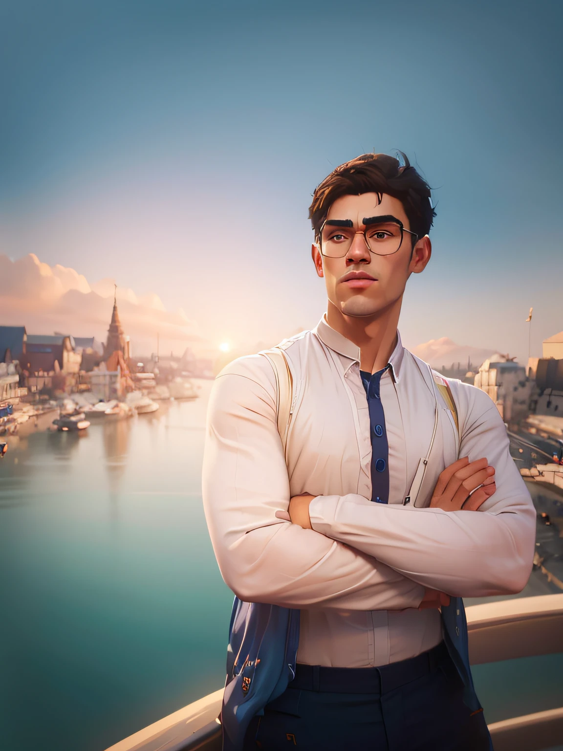 there is a man standing on a bridge with his arms crossed, very very high quality picture, profile picture 1024px, very clear picture, background is heavenly, with accurate face, portait photo profile picture, very artistic pose