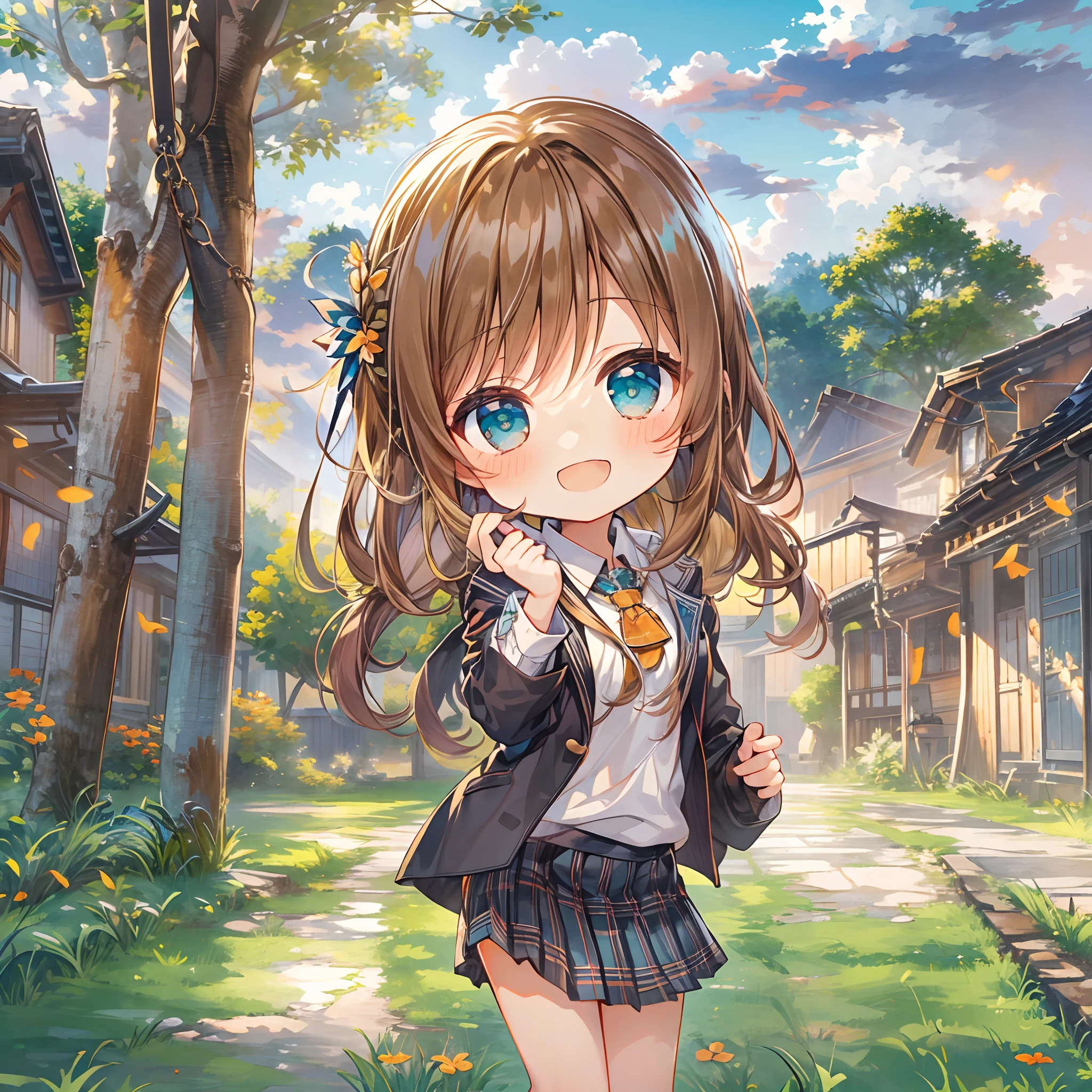 top-quality、masutepiece、1womanl、独奏、(Chibi:1.6),(cyan eyes:1.2)、Happy smile、Brown Single Blade、White School Uniform、Black socks、plaid skirts、Blushing、Akame、early evening、Lots of countryside、Big sunset、Orange view、Small necklace、