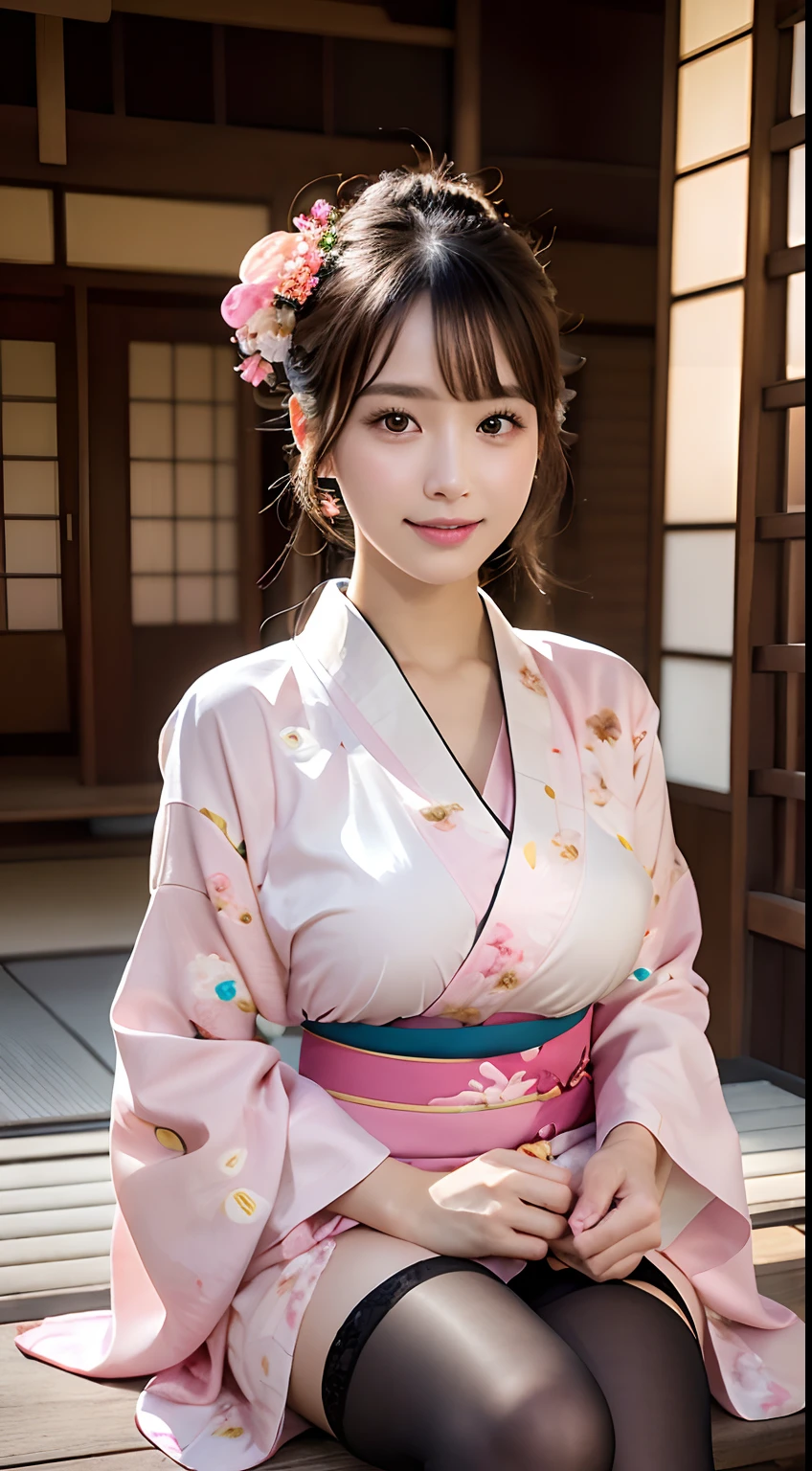 (1ung girl), Extremely cute face, Amazing face and eyes, (Highly detailed eyes, Highly detailed face), fresh, Very clean appearance, (Hyper-realistic, hight resolution), (Best Quality:1.4), Raw photo, (Realistic, Photorealsitic:1.37), Professional Photography, (light pink floral pattern yukata:1.5), (Open yukata), (cleavage:1.2), (Bare shoulders), Smile slightly, (Staring at me), Bedroom, girl portrait,