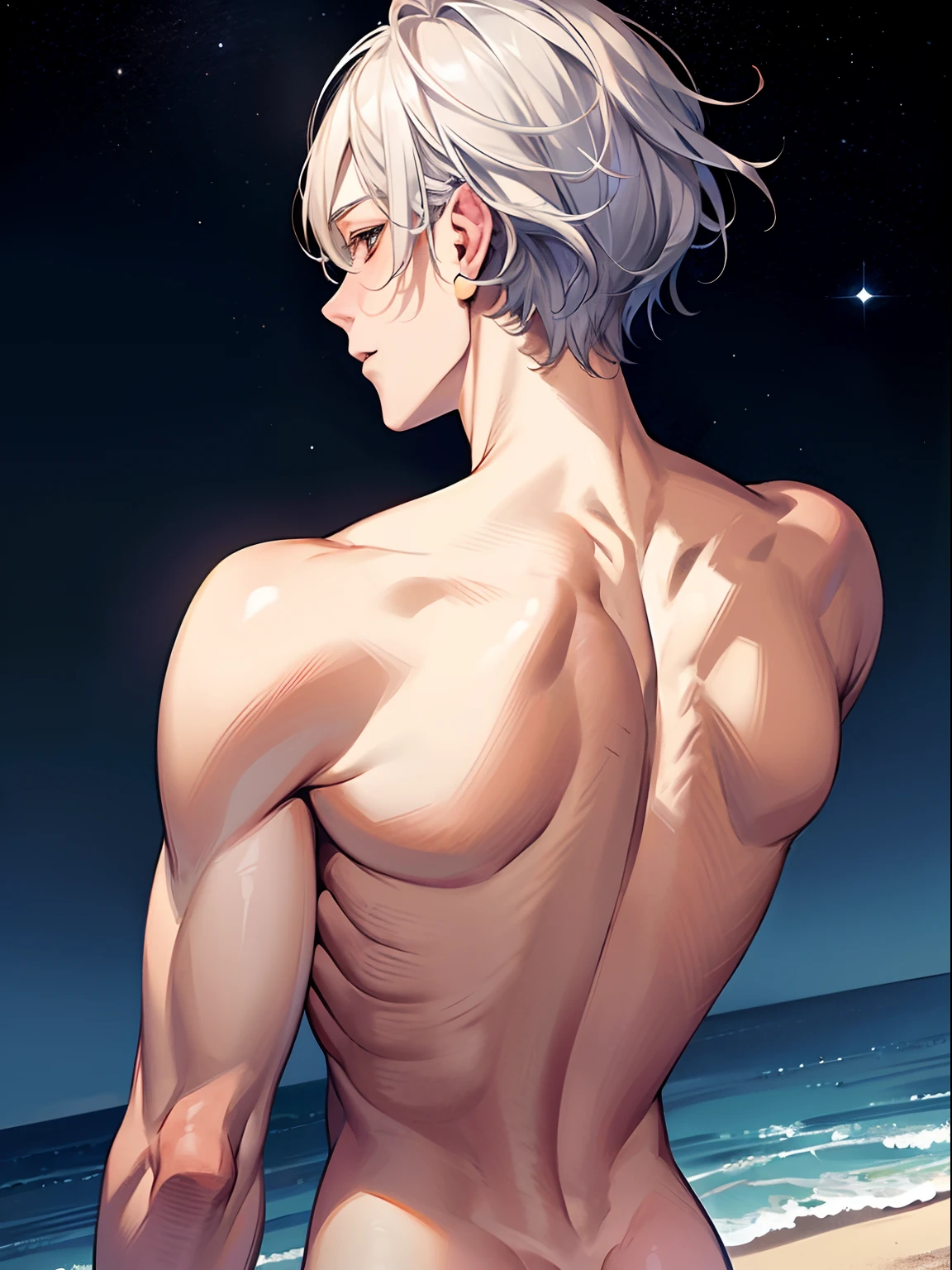 2boys,13 only、(Man's :2) ,twins,Handsome boy,Long silver hair、a blond、Upper body naked、starrysky 、sand beach、Back lighting、hightquality、masutepiece,8K,NSFW,