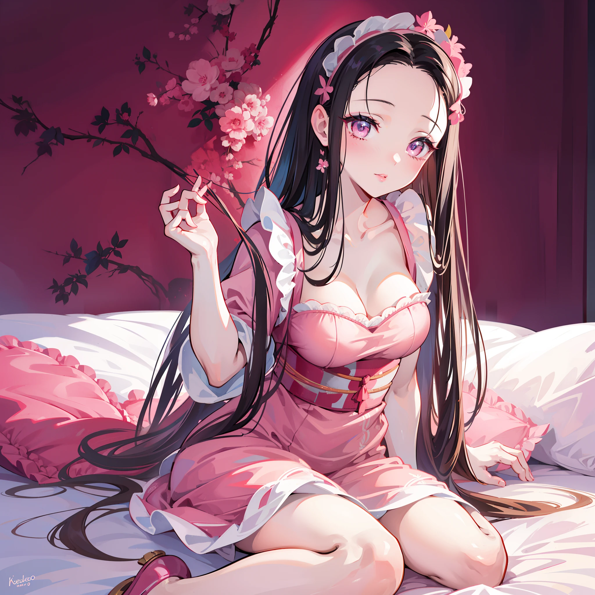 Nezuko Kamado, pink maid dress, sitting in a sexy position on the bed, detailed eyes and face, long eyelashes, beautiful detailed lips, 1girl, highres, ultra-detailed, realistic, portraits, vivid colors, warm tone lighting, exotic setting