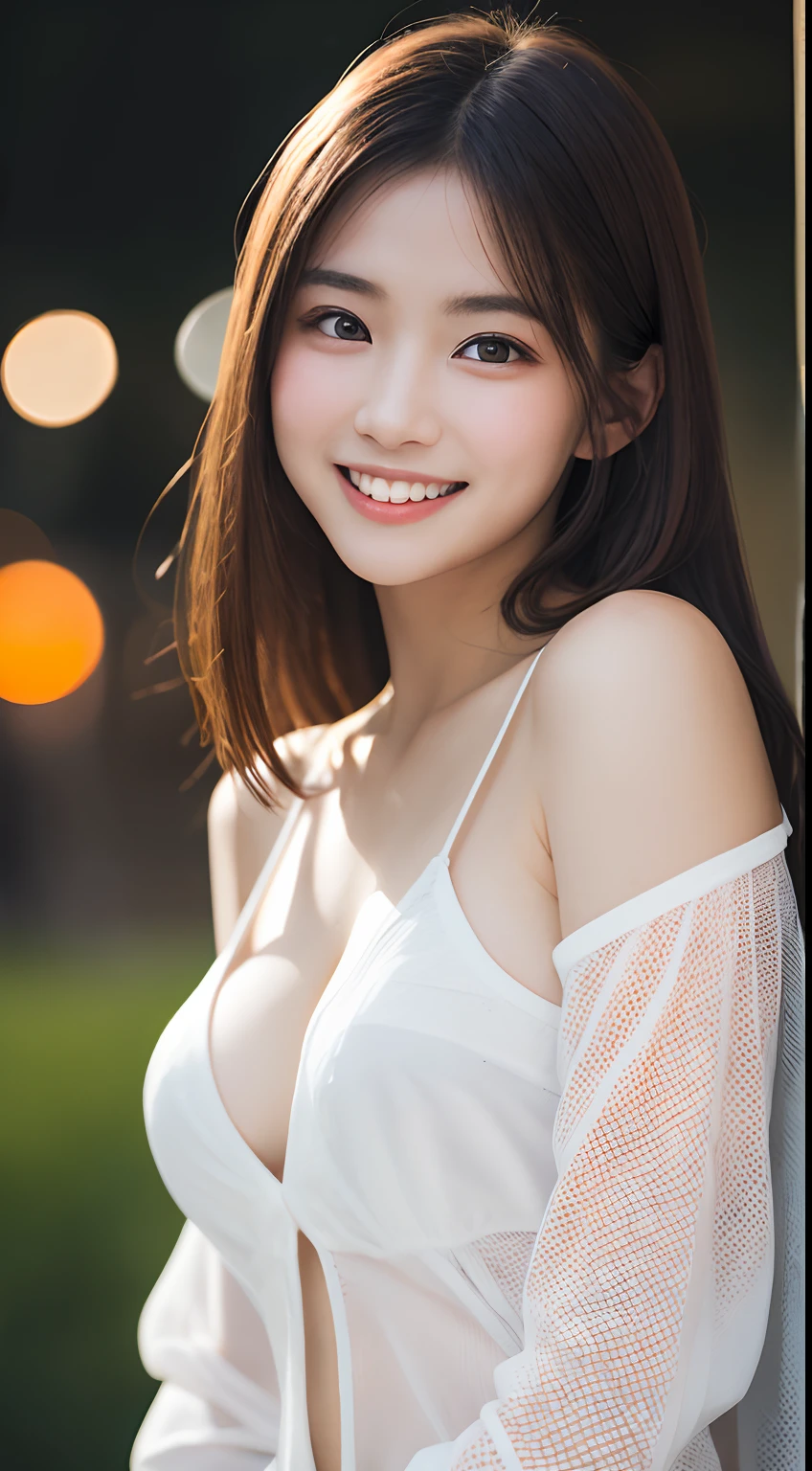 masutepiece, Best Quality, 8K, sixteen years old, Raw photo, absurderes, award winning portrait, (Smile:1.2),Detailed cute face、Lustrous skin、 Solo, Night, neons, Idol face, violaceaess, gardeniass, Delicate woman、(large full breasts:1.2)、Mesh Shirt、 Upper body 、Digital SLR, Looking at Viewer, Candid, Sophisticated, Thin arms, Professional Lighting, Film grain, chromatic abberation, (Eyes and faces with detailed:1.0), (Bokeh:1.1)、Bright lighting