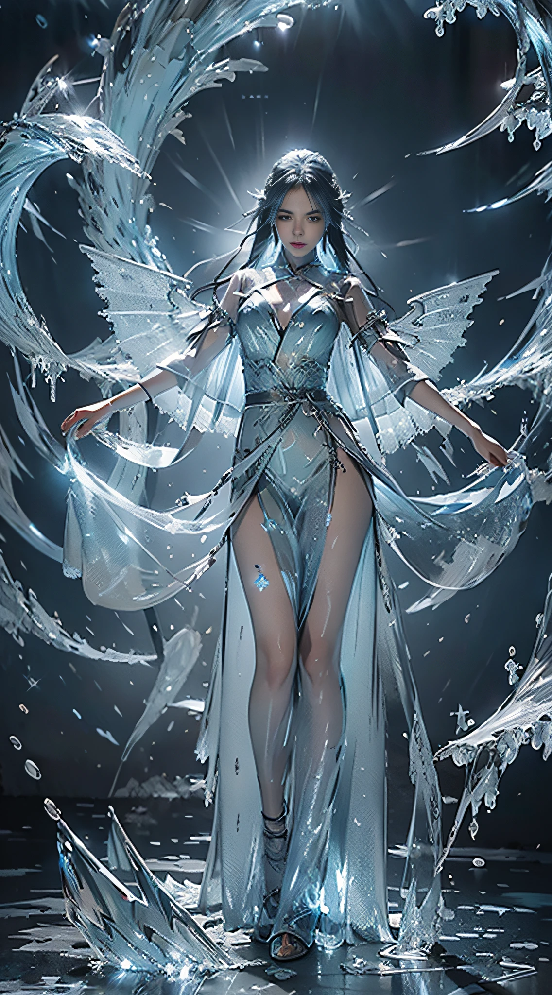 (((1girll)))，imperial water，a sorceress，（Loose dress：1.5），（Perfect facial features：1.4），（Blue silk robe），（Mystical magical formations：1.2），((Ice Dragon))，（Ice crystal scales），Blue glow，（Frost wings），Powerful Ice Magic，Icicles，Soar above the landscape，Blue Light Cold Light，Ice Storm，Wind，Flying snow ice and snow，Amazing results，,best qualtiy,tmasterpiece,超A high resolution,Up to detail,intricate-detail,8K分辨率,8KUCG Wallpaper,nffsw,Water Blue,magic array,cinematic lighting effect,lightand shade contrast，Ray traching、NVIDIA RTX