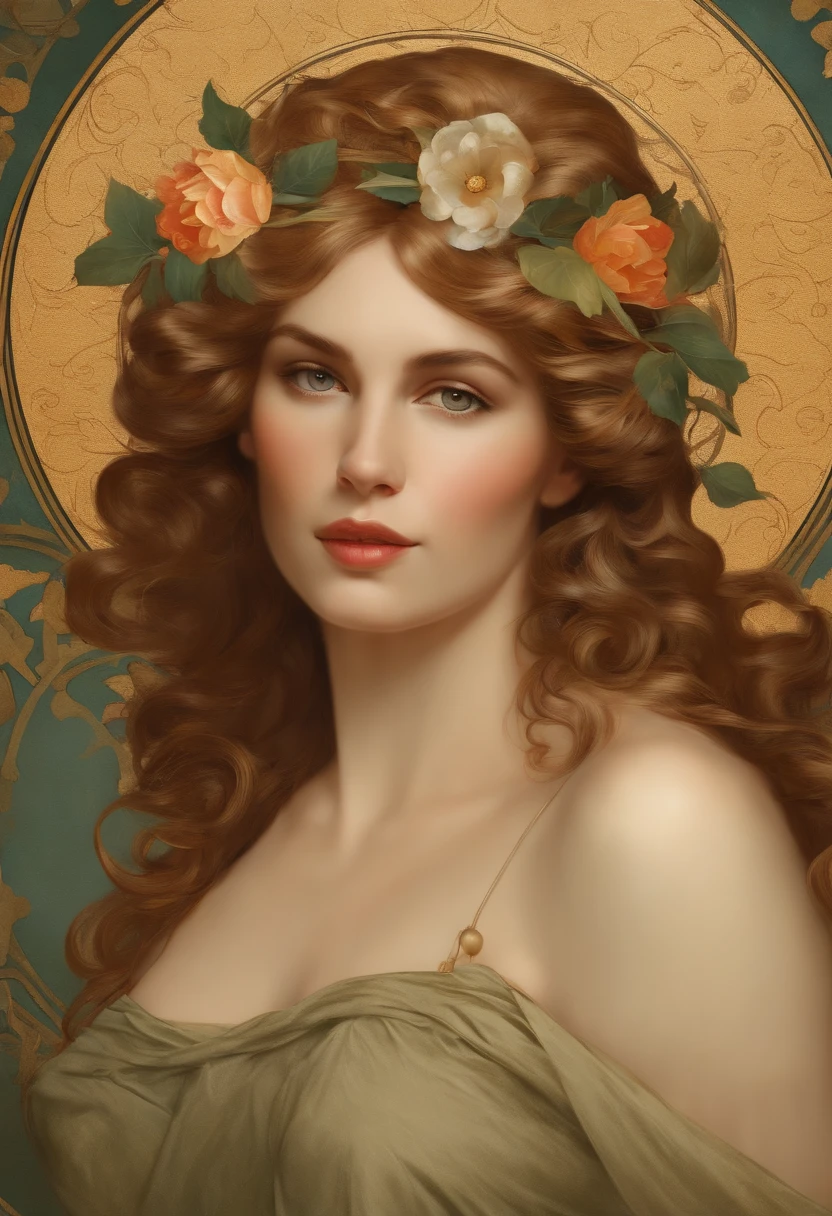 old (Masterpiece, Best Quality, Highres:1.2) Art Nouveau Style Beautiful Woman with Long Hair Shaped as Flowers in the Style of Alphonse Mucha, portrait of a beautiful cute, very beautiful, standing artistically, realistic natural, professional light distribution, very artistic lighting gradation, artistic detail, highly detailed, centered, Nymph-pattern vintage wallpaper with dramatic backlighting casting deep shadows, featuring a meticulously crafted illustration inspired by Dan Mumford and Alphonse Mucha, hyper-realistic and photorealistic textures, extremely detailed with intricate floral and foliage elements, octane rendered in 8K (extremely detailed 8k wallpaper), Golden ratio, hidden ancient Greek symbols (, Spiral), balanced design, color harmony, Vernis Martin, golden, ancient mythology, artistically twisted edges, reminiscent of old-world craftsmanship with a contemporary edge, volumetric lighting, ultra fine details