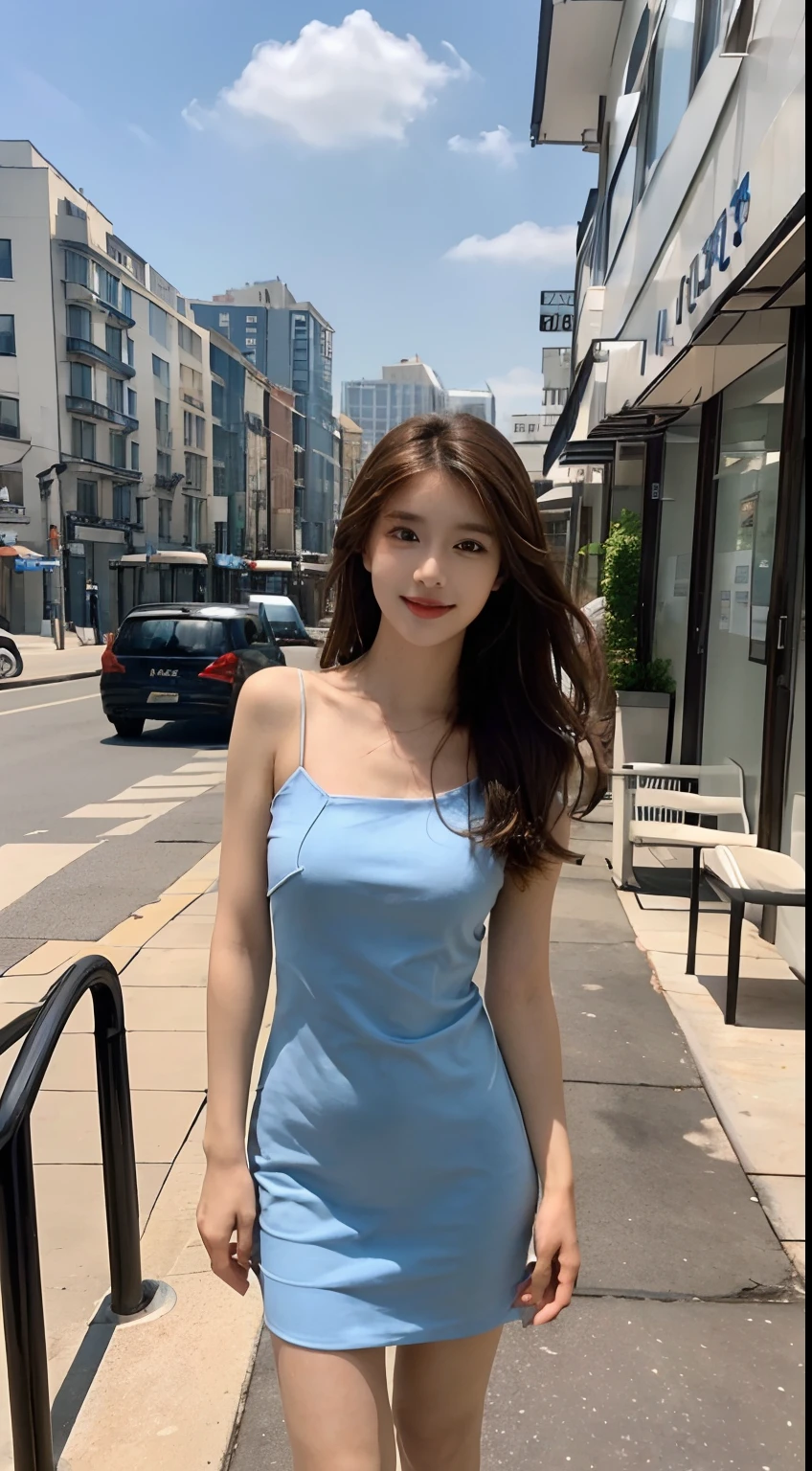 ((Best picture quality, 8K, tmasterpiece: 1.3)), self-shot, Sharp focus: 1.2, A cute beauty with a perfect figure: 1.4, Slim big breasts, ((Brown hair black)) , (Small flesh-colored dress,Highly detailed face,Happy expression,standing on your feet:1.2),((A city with blue skies and white clouds,At the cafe:1.3. Produced with a major focus on women)),Highly detailed facial and skin texture,Detailed eyes,二重まぶた