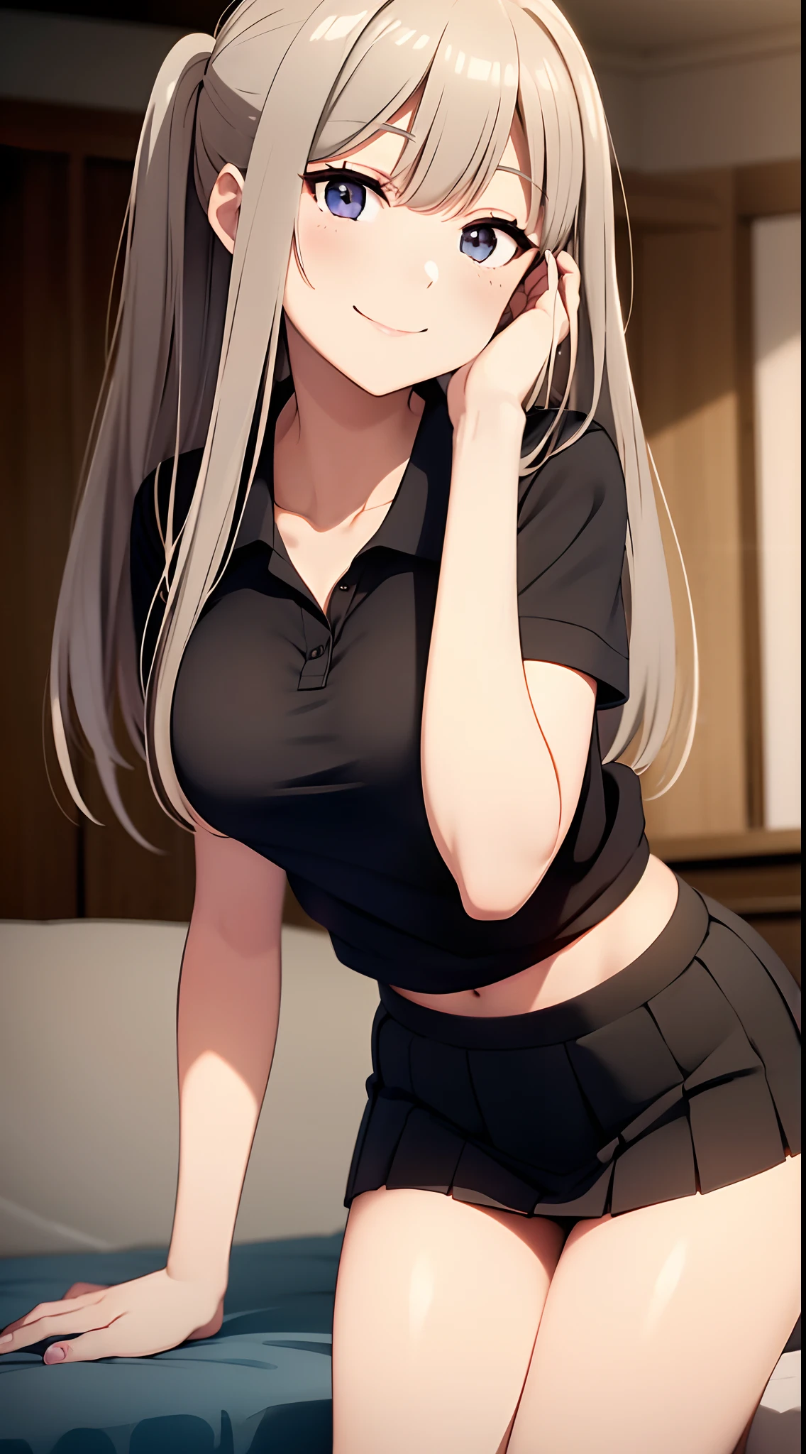 best quality, detailed face, 1girl, middle breast, smile, black polo shirt, gray miniskirt, good anatomy, looking at viewer, soft focus, cinematic lighting, depth of field, happy expression, middle hair, bare legs,
