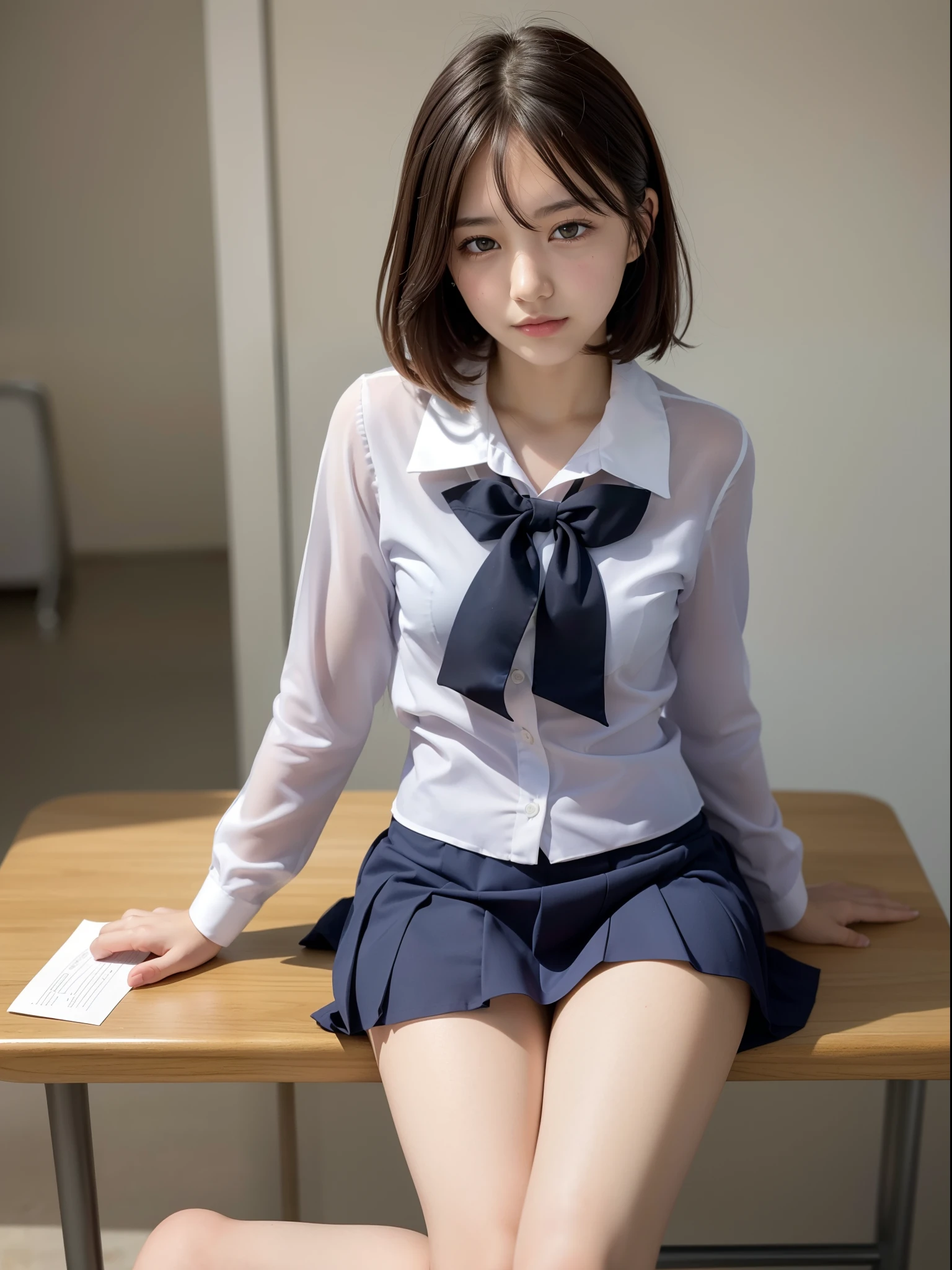 The Arapei woman in a white shirt and blue dress crouched down to get the package, wearing a Japanese school uniform, japanese girl school uniform, Japanese school uniform, Japanese model, in school uniform, thighhighs and skirt, dressed as schoolgirl, cute female student, young pretty gravure idol, in school uniform, Young sensual gravure idol, Korean girl