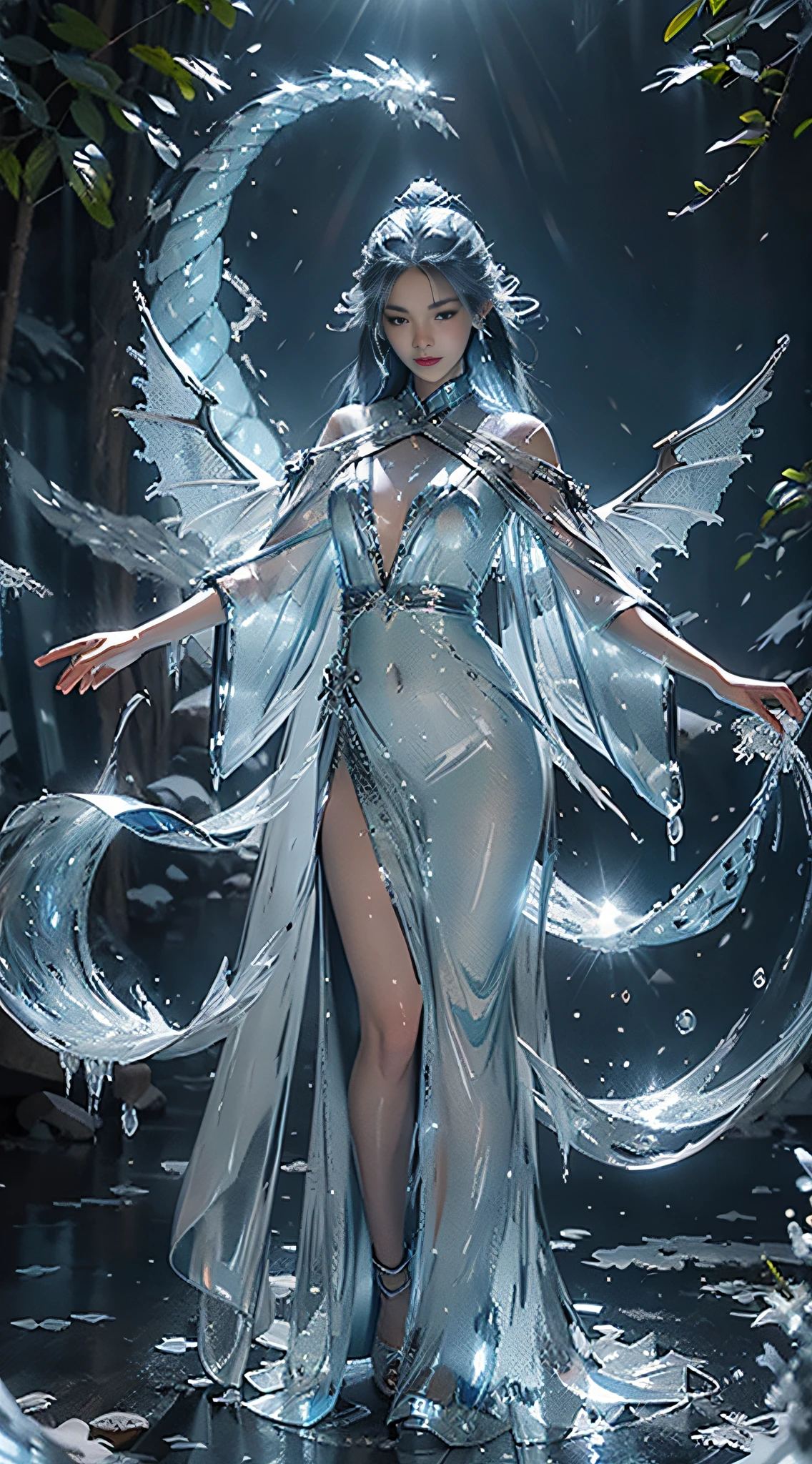(((1girll)))，imperial water，a sorceress，（Loose dress：1.5），（Perfect facial features：1.4），（Blue silk robe），（Mystical magical formations：1.2），((Ice Dragon))，（Ice crystal scales），Blue glow，（Frost wings），Powerful Ice Magic，Icicles，Soar above the landscape，Blue Light Cold Light，Ice Storm，Wind，Flying snow ice and snow，Amazing results，,best qualtiy,tmasterpiece,超A high resolution,Up to detail,intricate-detail,8K分辨率,8KUCG Wallpaper,nffsw,Water Blue,magic array,cinematic lighting effect,lightand shade contrast，Ray traching、NVIDIA RTX