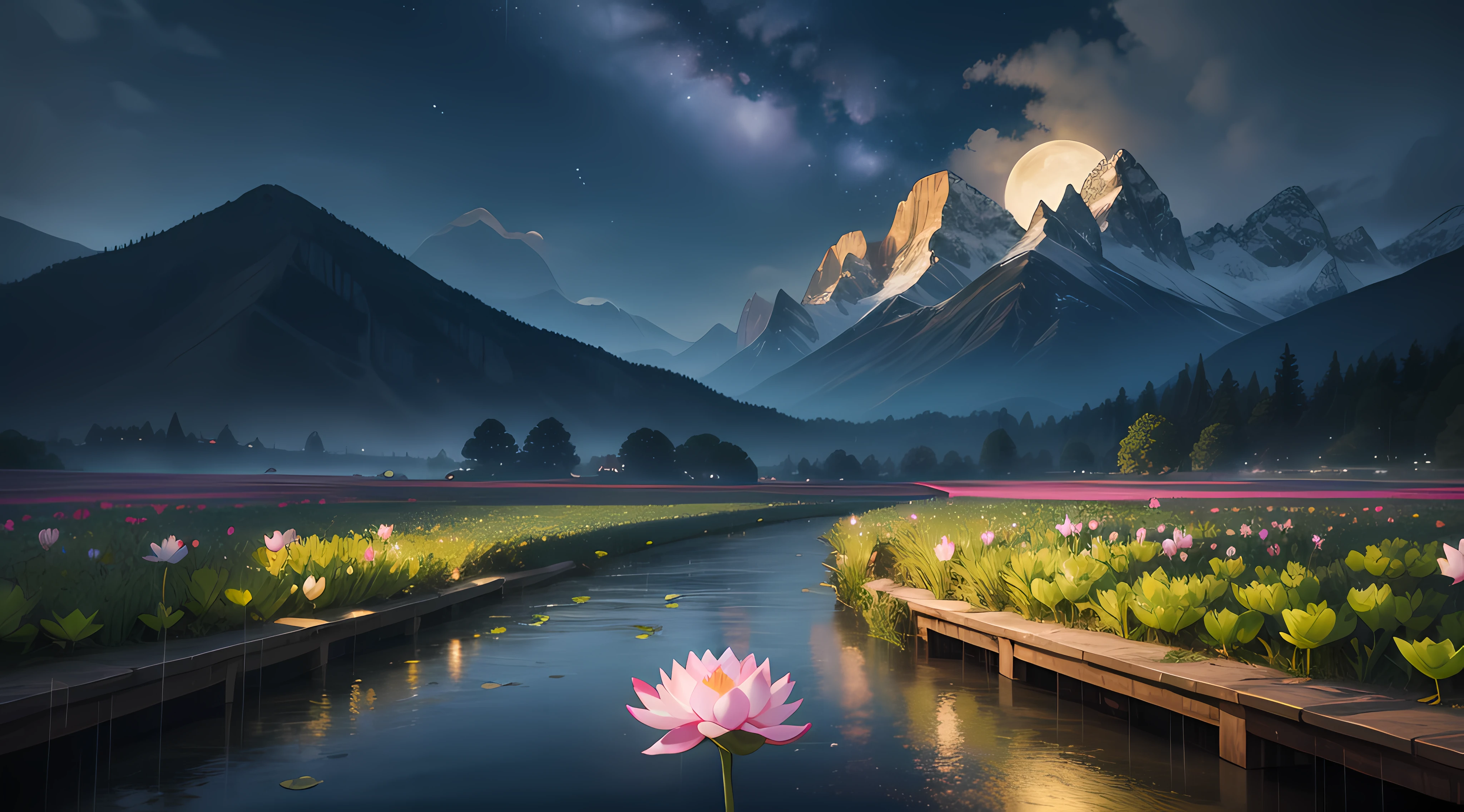 At night, Only moonlight illuminates, Crooked moon, Mountains in the distance, Beautiful big lotus nearby, Big red lotus, Running water next to it, frogs, A summer full of joy, The crooked moon in the sky is mixed with stars, amazing wallpapers, rainy evening, Night in the rain, Beautiful and beautiful, Movie, High detail ((heavy rain))), 8K