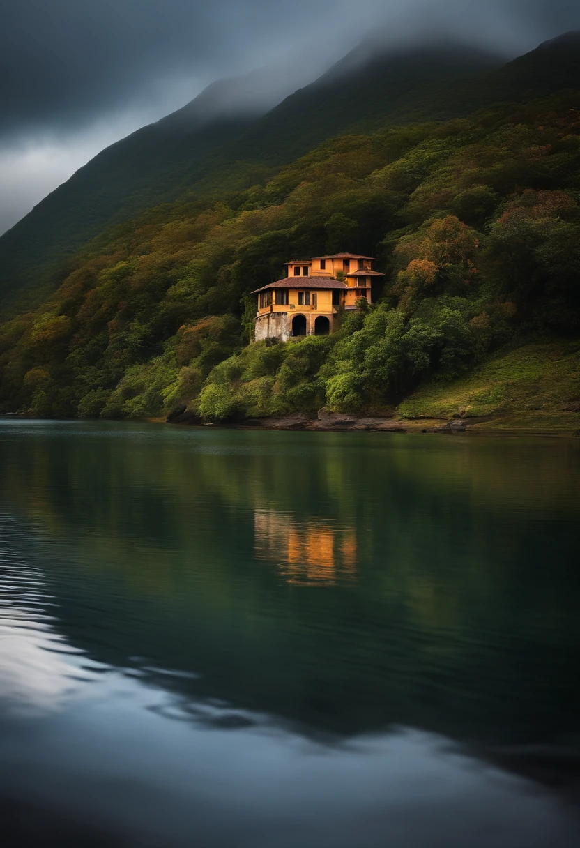 Uma casa simple com alpendre no alto de uma montanha com um rio em uma atmosfera tranquila e serena.