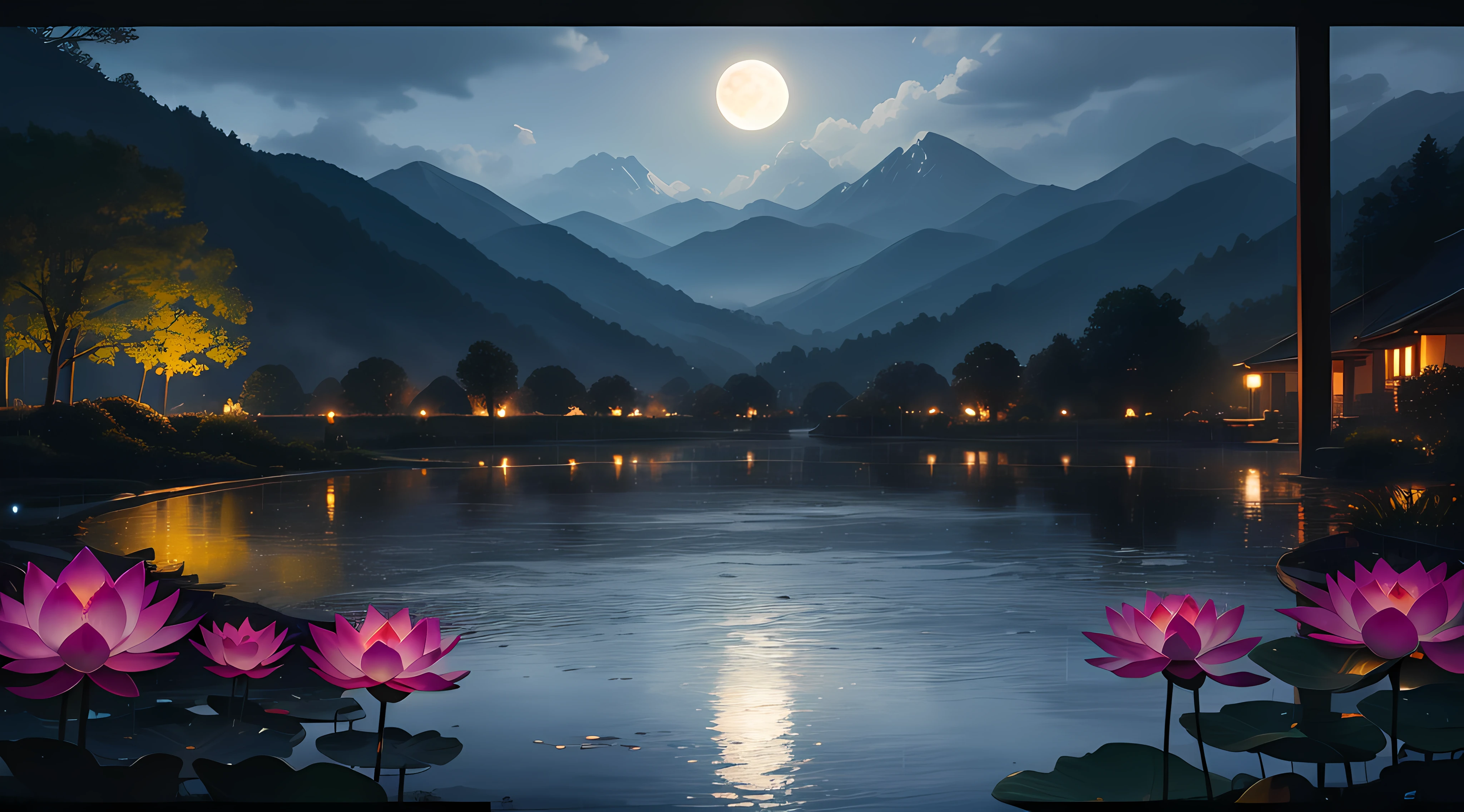 At night, Only moonlight illuminates, Crooked moon, Mountains in the distance, Beautiful big lotus nearby, Big red lotus, Running water next to it, frogs, A summer full of joy, The crooked moon in the sky is mixed with stars, amazing wallpapers, rainy evening, Night in the rain, Beautiful and beautiful, Movie, High detail ((heavy rain))), 8K