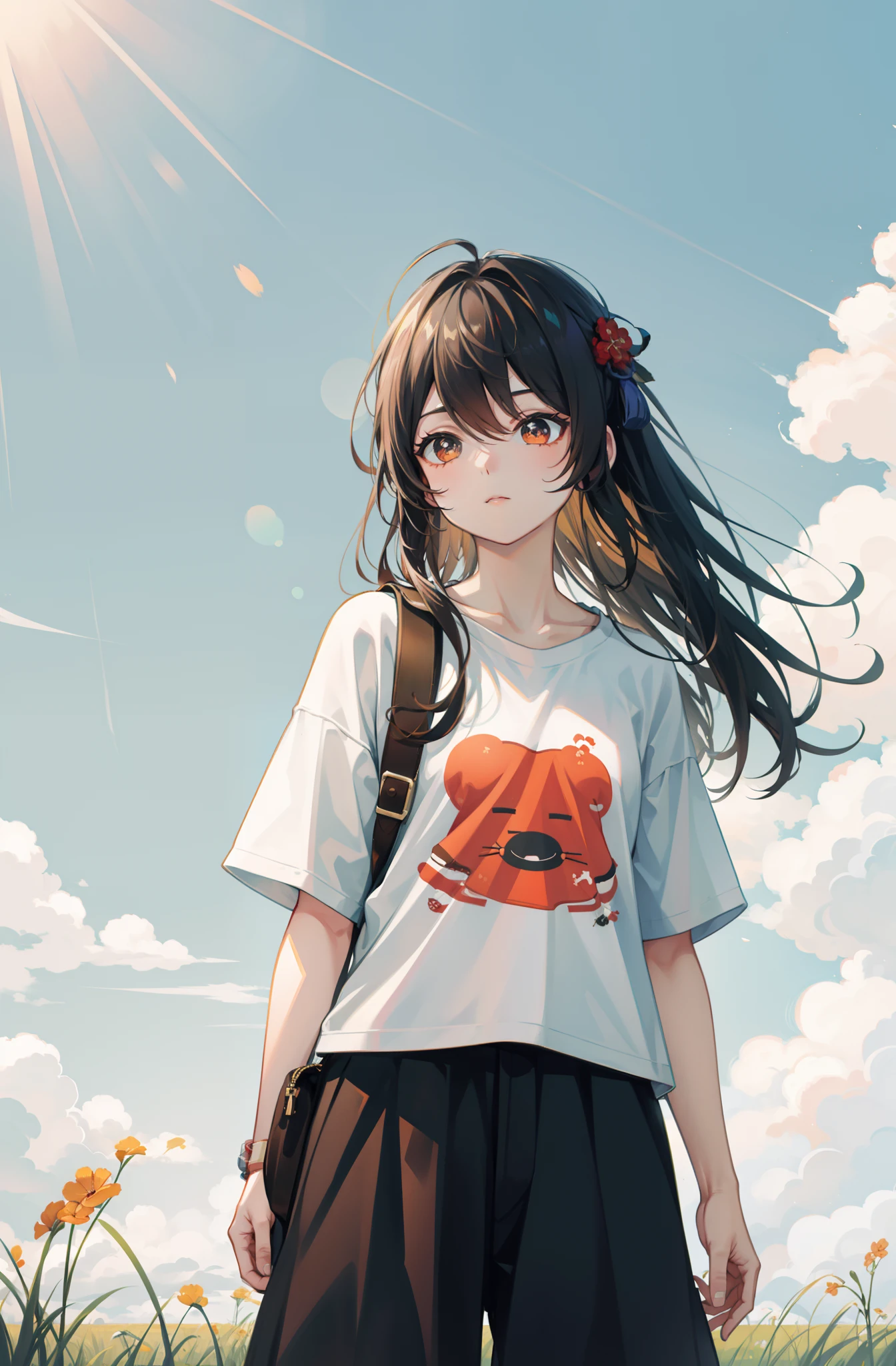 Hu tao from genshin impact, standing on the prairie , casual outfit, casual t shirt, cute pose, meadow, soft light,