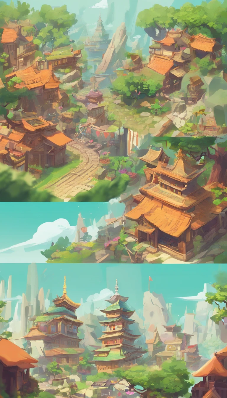 Miniature,Super cute clay world, Isometric view of the city ,Game architectural design, Cartoony,bamboo huts,Plants match the building,casual game style, Botanical architecture,3D, blender,closeup cleavage,tmasterpiece,super detailing,best qualtiy
