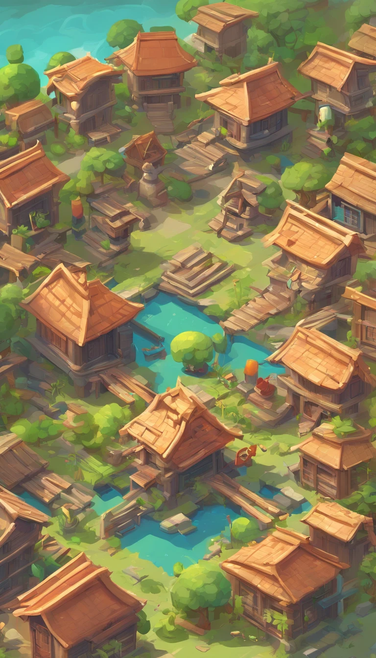 Miniature,Super cute clay world, Isometric view of the city ,Game architectural design, Cartoony,bamboo huts，Plants match the building，casual game style, Botanical architecture,3D, blender，closeup cleavage，tmasterpiece，super detailing，best qualtiy