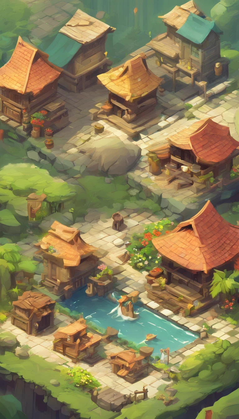 Miniature,Super cute clay world, Isometric view of the city ,Game architectural design, Cartoony,bamboo huts，Plants match the building，casual game style, Botanical architecture,3D, blender，closeup cleavage，tmasterpiece，super detailing，best qualtiy