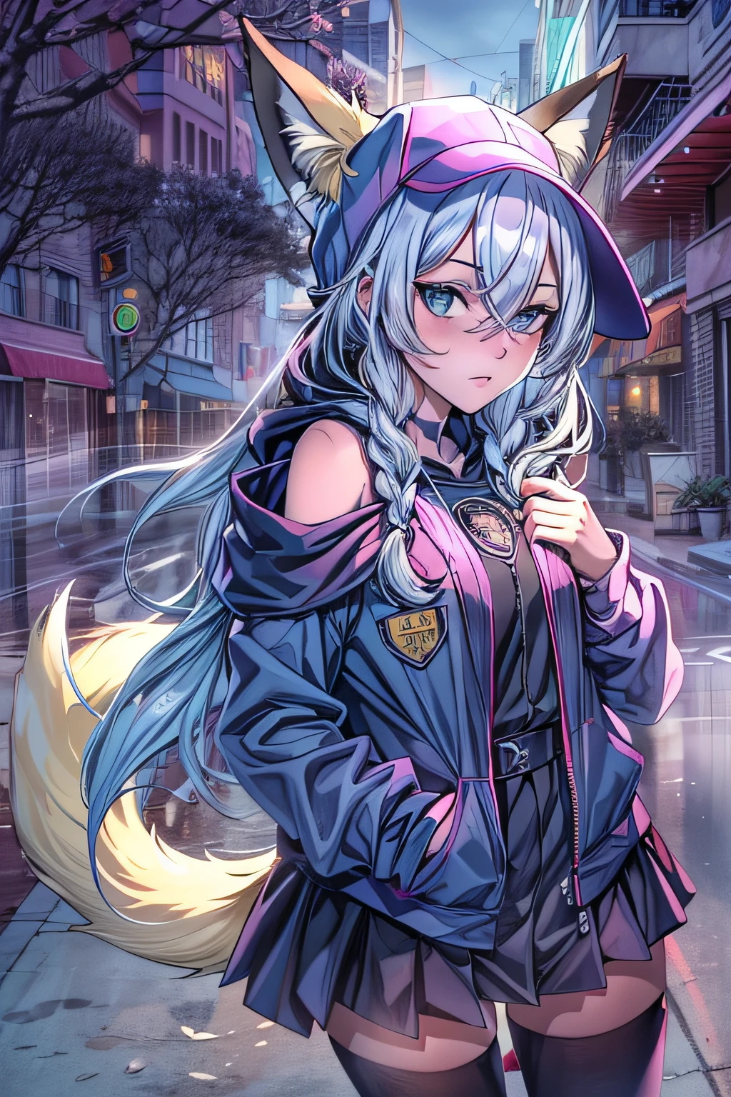 1woman, (animal ears), straight-on, full body, looking at viewer, hair between eyes, hair ornament, multicolored hair, twin braids, fox tail, (multiple tails:1.3), badge, bangs, (blue baseball cap:1.2), black clothes, hood, hood down, standing, long sleeves, closed mouth, (blue skirt:1.05), solo, (light blush:0.9), bare tree, building, city, cityscape, (night), outdoors,  street, (San Antonio), tree