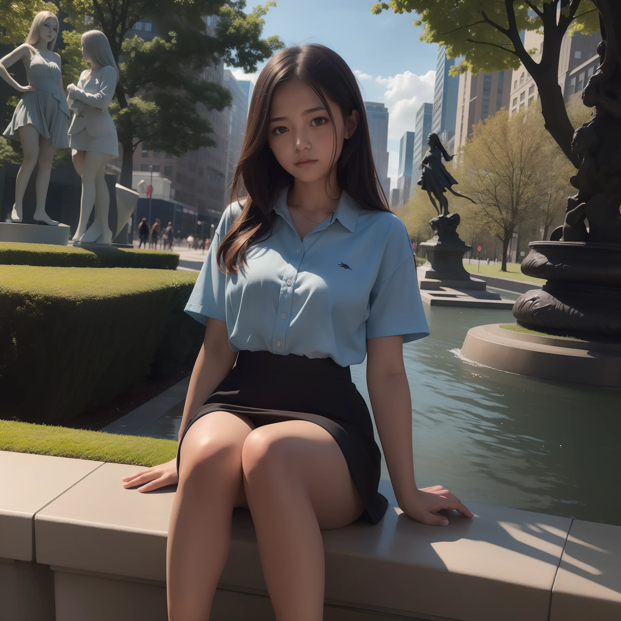 Chiaroscuro, masutepiece, Super Detail, High quality, awardwinning, 8K, (girl), Solo, In a city park, Next to Abstract Sculpture, Natural light