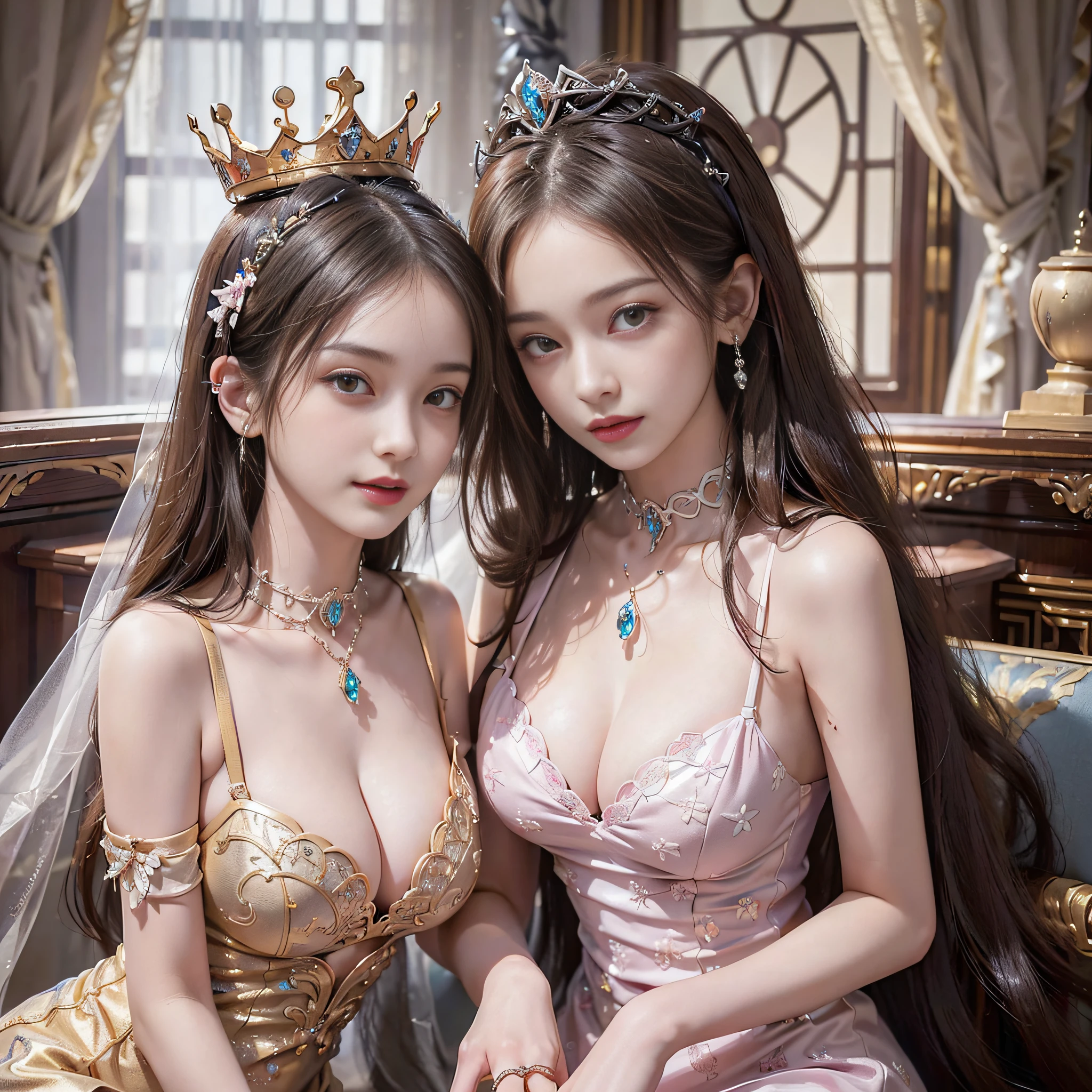 Arapefi, (2 girls，(One of them wore a pink princess dress，1.5，），(The other wore a black princess dress，1.5））， The chests collided together，Look into the camera， wearing high heels，Wear a crown，choker necklace，ssmile，close-up from the front，On the throne, In the castle, Sense of transparency，（oversized boobs，1.5），Expose cleavage，Turn around and look at the camera，tmasterpiece，Flawless，Sense of transparency，Empty inspiration，More details and decoration，Exposing thighs，8K，（Wear decorations such as rings，1.9），White-colored skin，Ornate ornament，black lence stockings，(Dissection is correct，PremiumQuality, high detal, Masterpiece，对称）